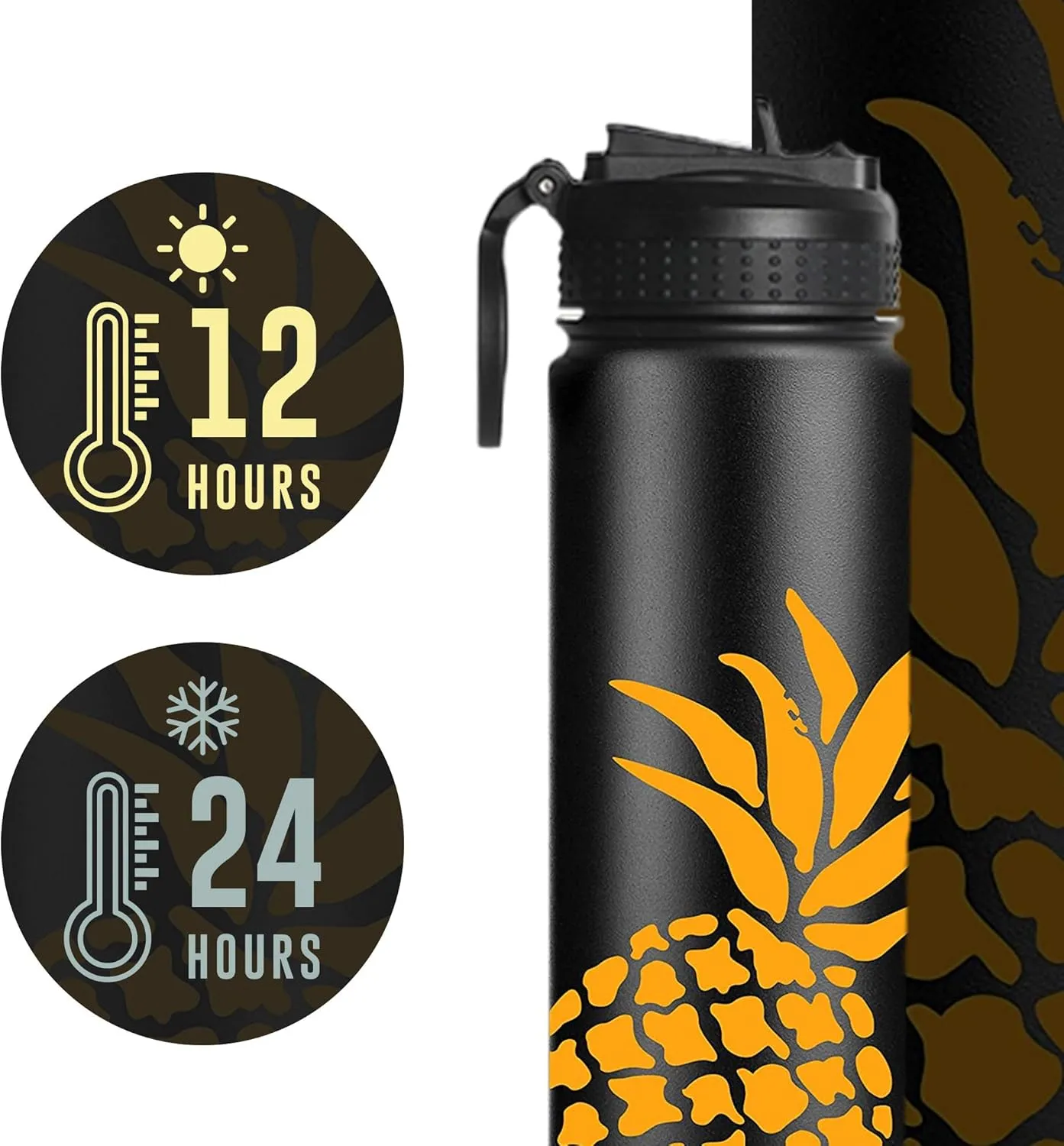 Life's Easy Stainless Steel Insulated Water Bottle - Sports Water Bottle w/Loop Handle Bionic Silicone Straw Lid - Vacuum Flask for Hot & Cold Drinks - Great for School & More (Pineapple Black,18 oz)