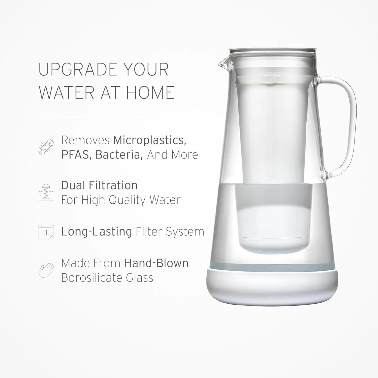LifeStraw Home Water Pitcher, 7-Cup, White, Glass with Silicone Base, White, for Everyday Protection Against Bacteria, Parasites, Microplastics, Lead, Mercury, PFAS and a Variety of Chemicals