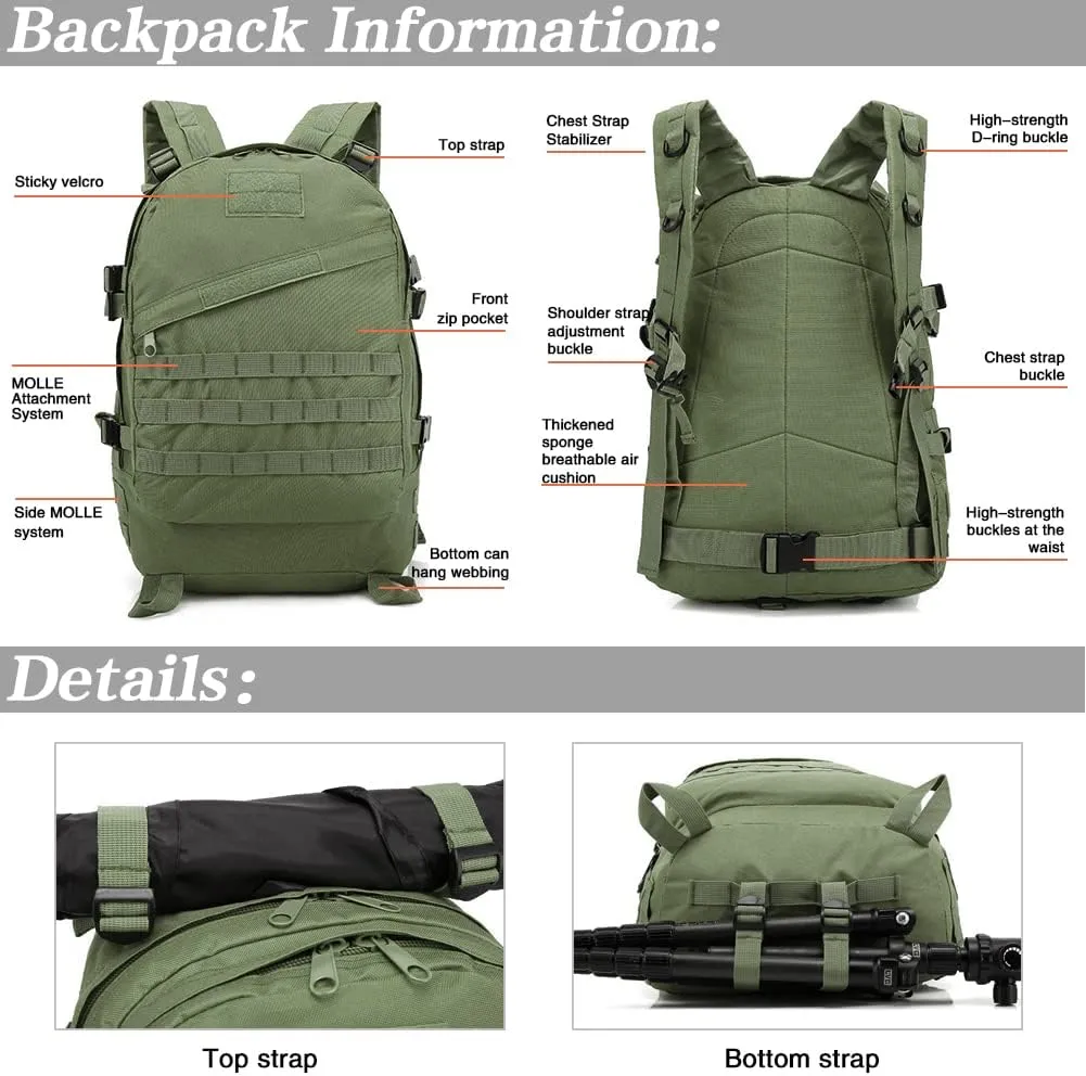 LIMHOO Camo Backpack, 40L Military Tactical Backpack, Hiking Trekking Rucksack with USA Flag Patch (Army Green)