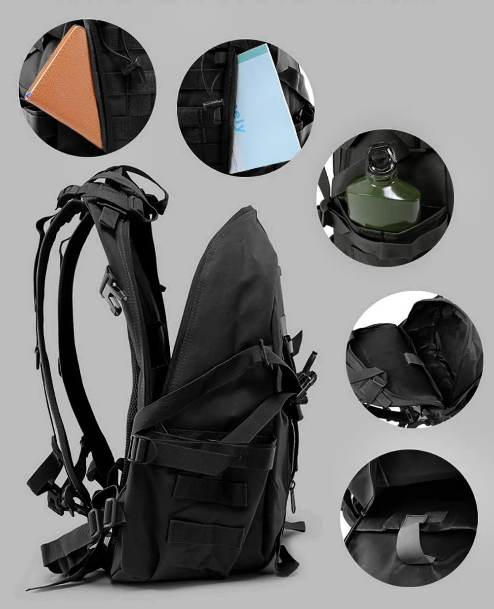LIMHOO Tactical Motorcycle Backpack Military Molle Bag EDC Rucksack Hiking Daypacks for Cycling Camping Trekking Hunting Traveling with Reflective Straps (Black)