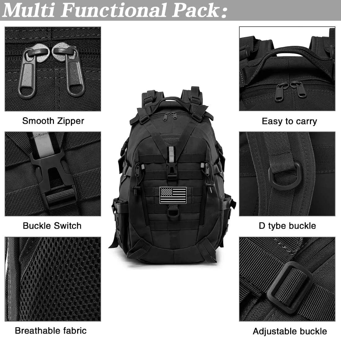 LIMHOO Tactical Motorcycle Backpack Military Molle Bag EDC Rucksack Hiking Daypacks for Cycling Camping Trekking Hunting Traveling with Reflective Straps (Black)