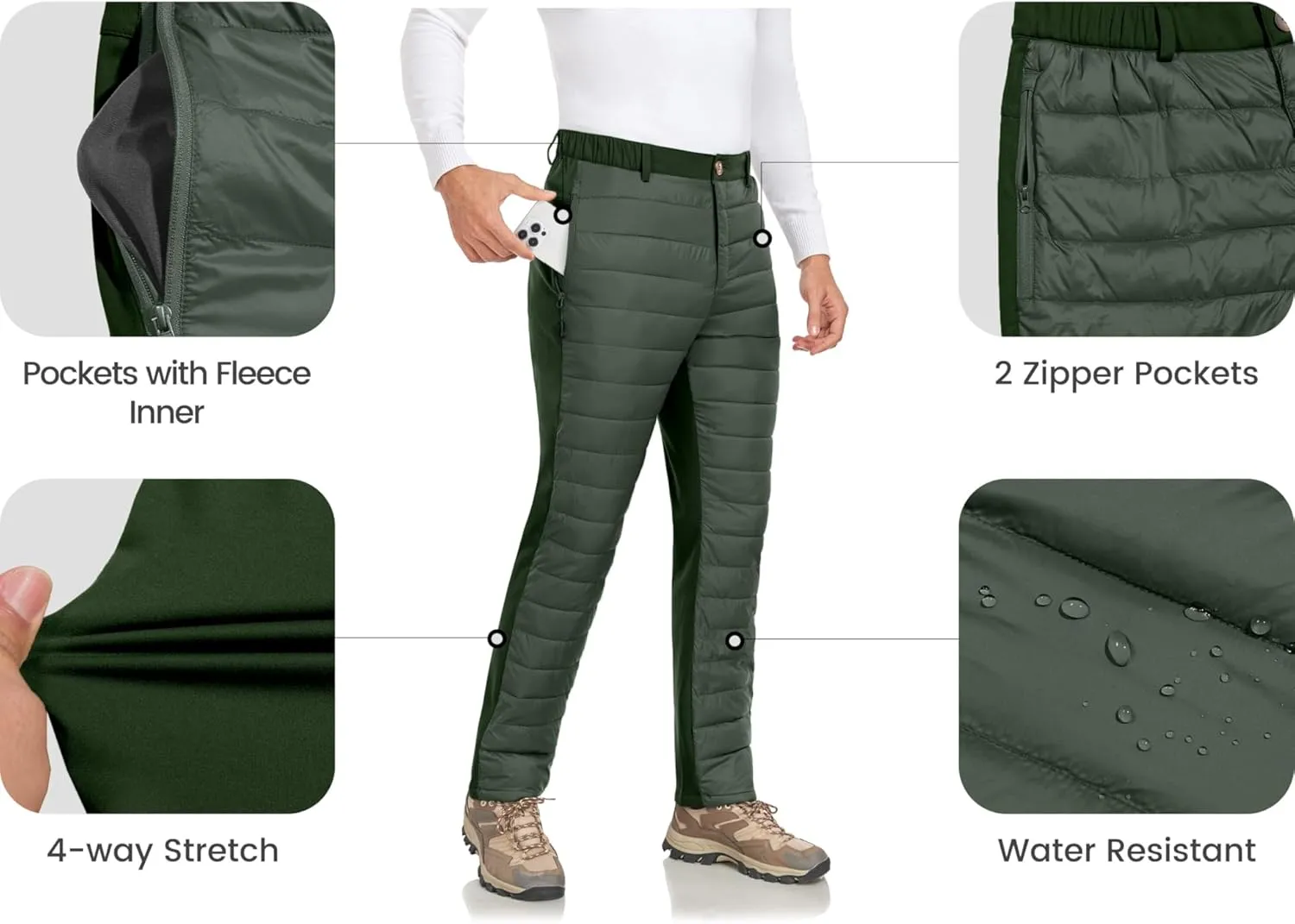 Little Donkey Andy Men's Puffer Pants Warm Fleece Lined Quilted Insulation Snow Ski Pants
