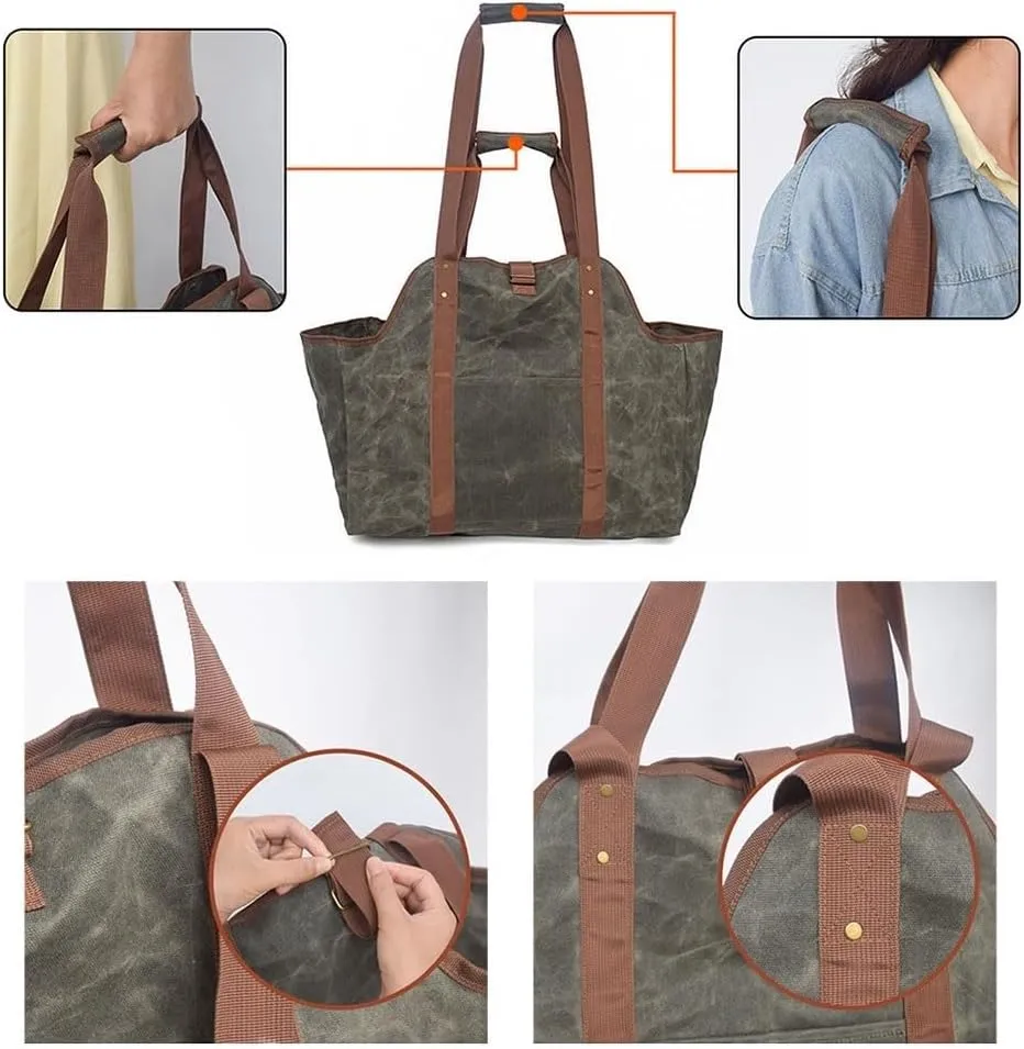 Log Tote Bag Waterproof Waxed Canvas Fireplace Wood Carrier for Firewood Camping Firewood Bag Firewood Carrier with Shoulder Strap