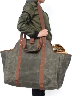 Log Tote Bag Waterproof Waxed Canvas Fireplace Wood Carrier for Firewood Camping Firewood Bag Firewood Carrier with Shoulder Strap