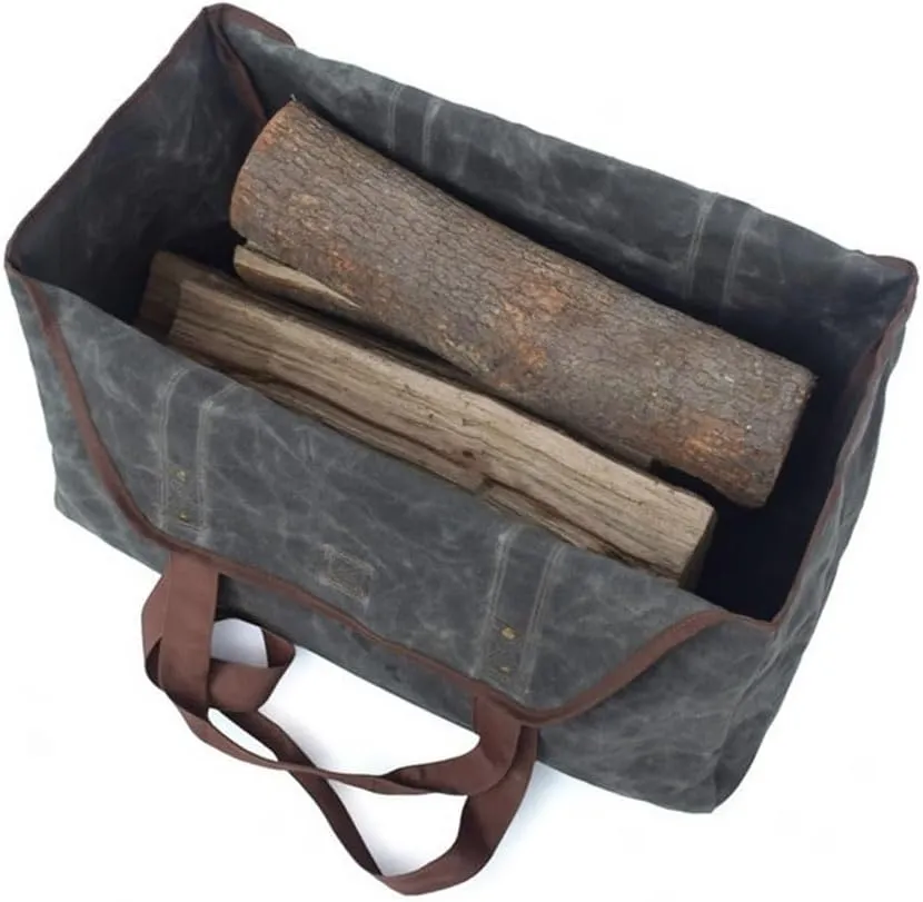 Log Tote Bag Waterproof Waxed Canvas Fireplace Wood Carrier for Firewood Camping Firewood Bag Firewood Carrier with Shoulder Strap
