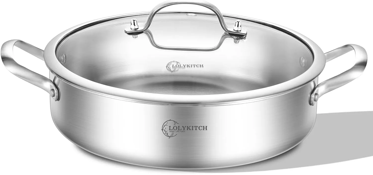 LOLYKITCH 7 Quarts Tri-Ply Stainless Steel Sauté Pan with Lid,12 Inch Deep Frying Pan,Large Skillet,Jumbo Cooker,Induction Pot,Dishwasher and Oven Safe.