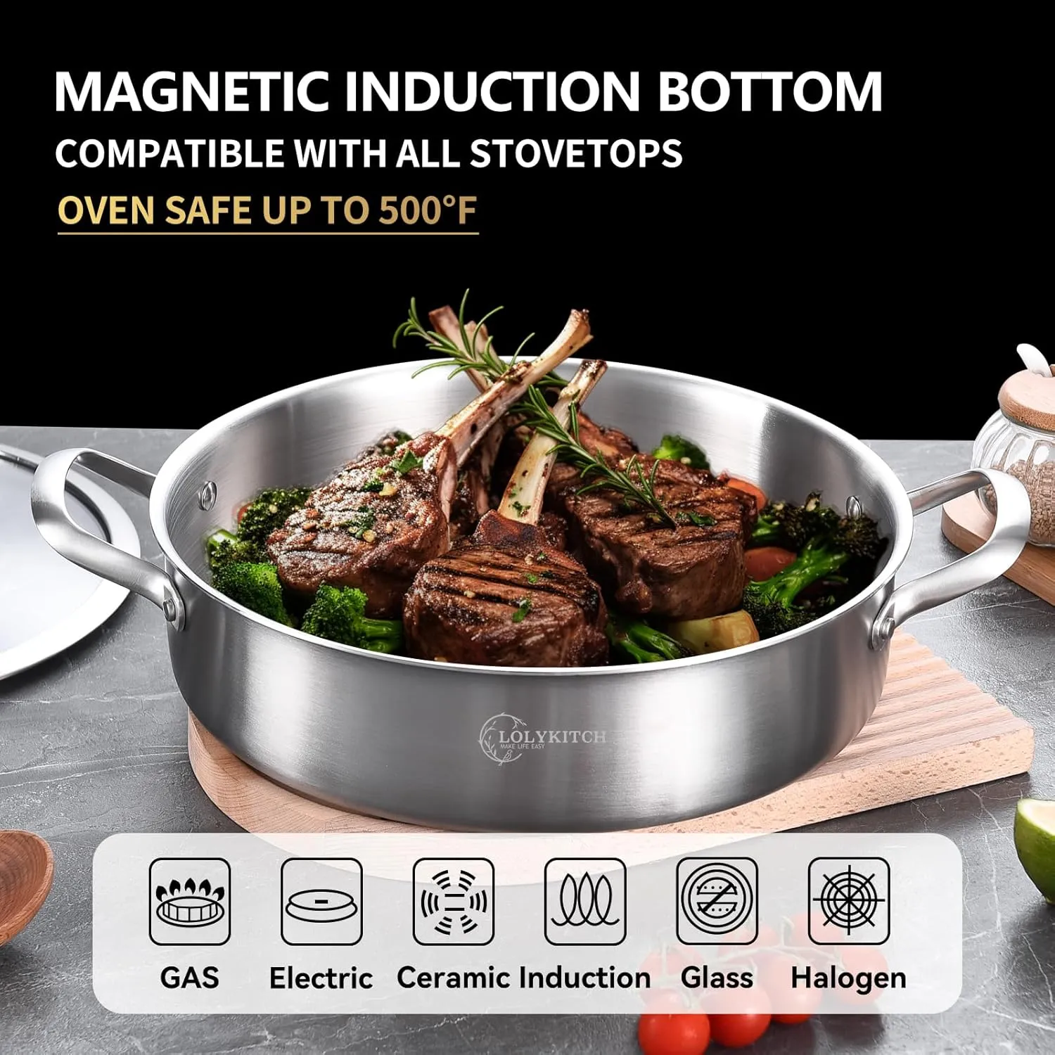 LOLYKITCH 7 Quarts Tri-Ply Stainless Steel Sauté Pan with Lid,12 Inch Deep Frying Pan,Large Skillet,Jumbo Cooker,Induction Pot,Dishwasher and Oven Safe.