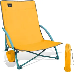 Low Folding Beach Chair,Portable Lightweight Lowback Sling Chair, Outdoor Low Seat Camping Chair w/Cup Holder & Carry Bag for Sand Camping Lawn Picnic Festival,Orange