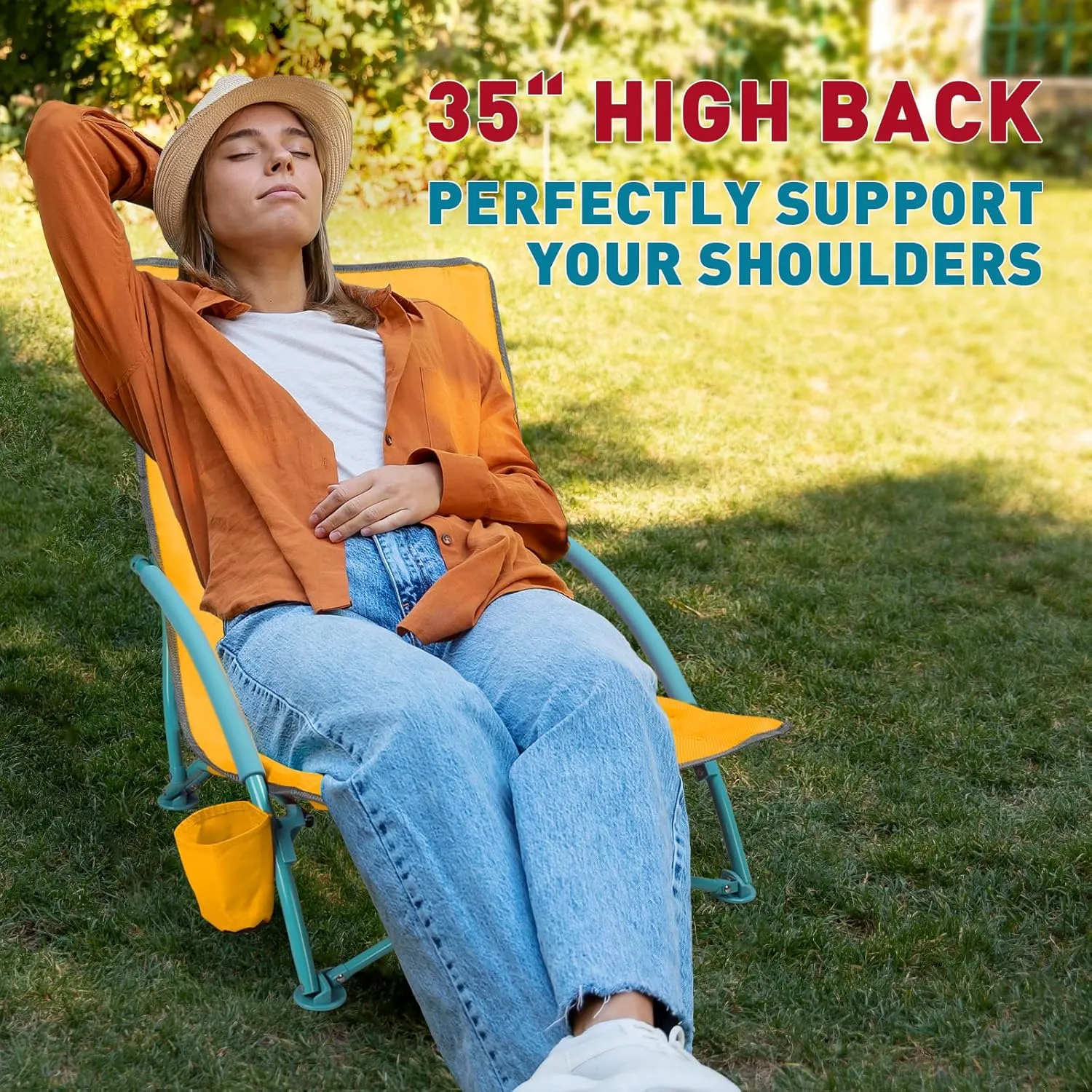 Low Folding Beach Chair,Portable Lightweight Lowback Sling Chair, Outdoor Low Seat Camping Chair w/Cup Holder & Carry Bag for Sand Camping Lawn Picnic Festival,Orange