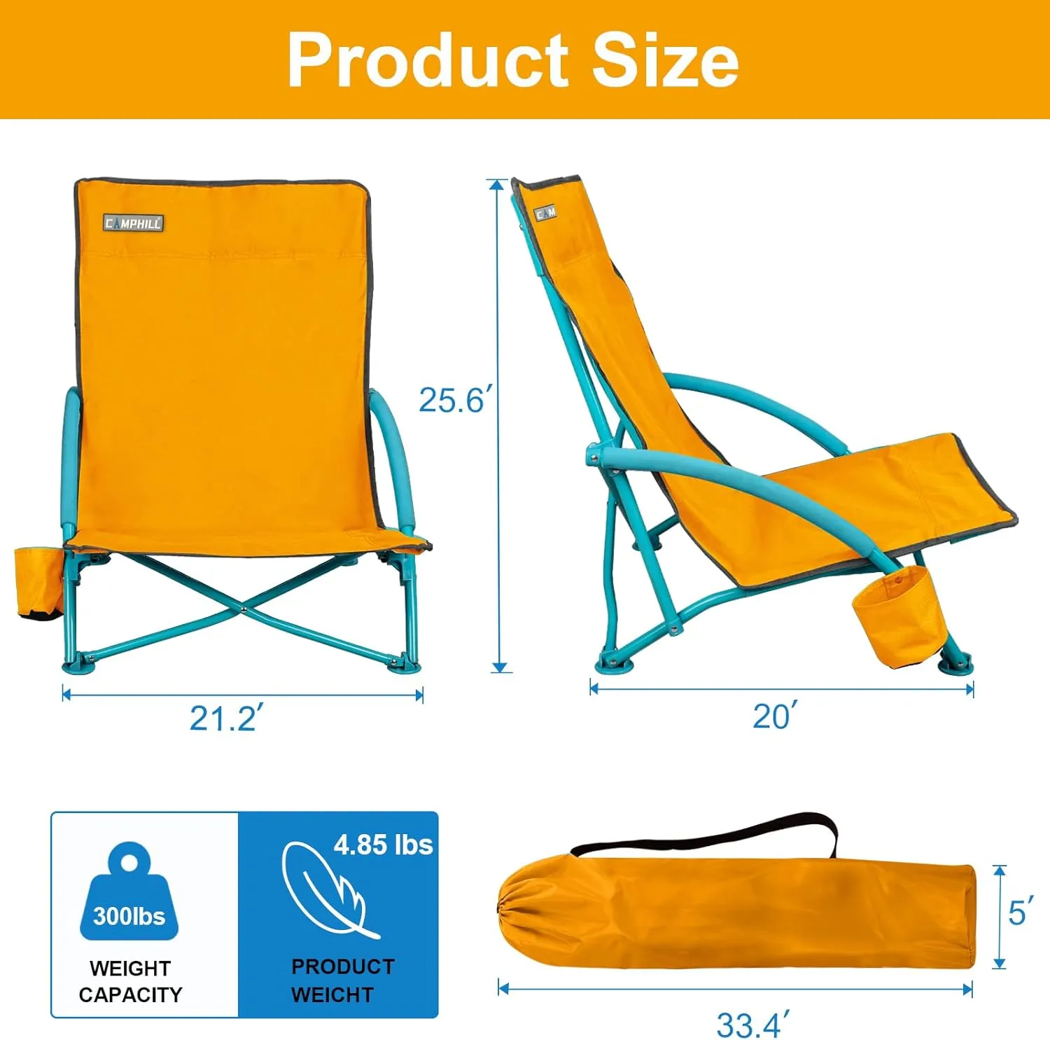 Low Folding Beach Chair,Portable Lightweight Lowback Sling Chair, Outdoor Low Seat Camping Chair w/Cup Holder & Carry Bag for Sand Camping Lawn Picnic Festival,Orange