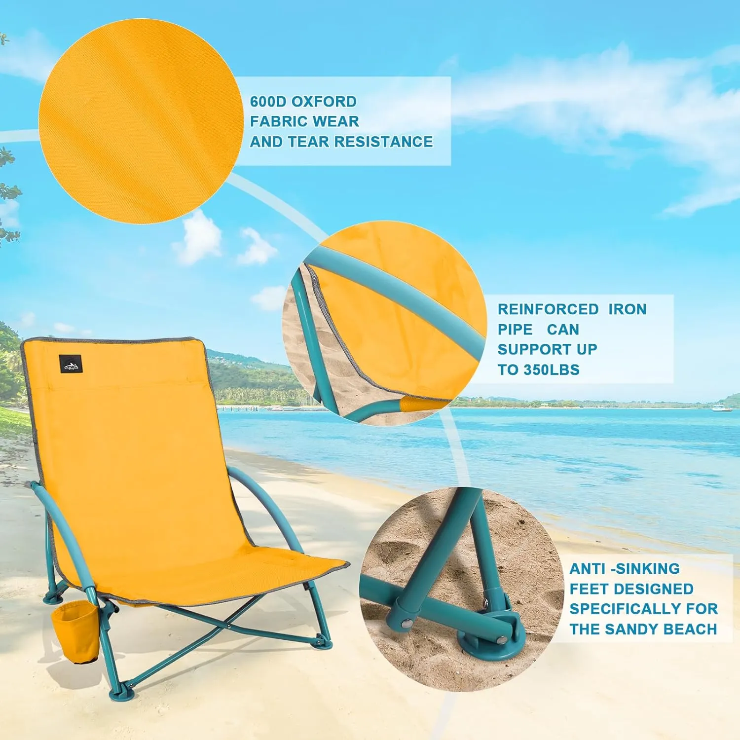 Low Folding Beach Chair,Portable Lightweight Lowback Sling Chair, Outdoor Low Seat Camping Chair w/Cup Holder & Carry Bag for Sand Camping Lawn Picnic Festival,Orange