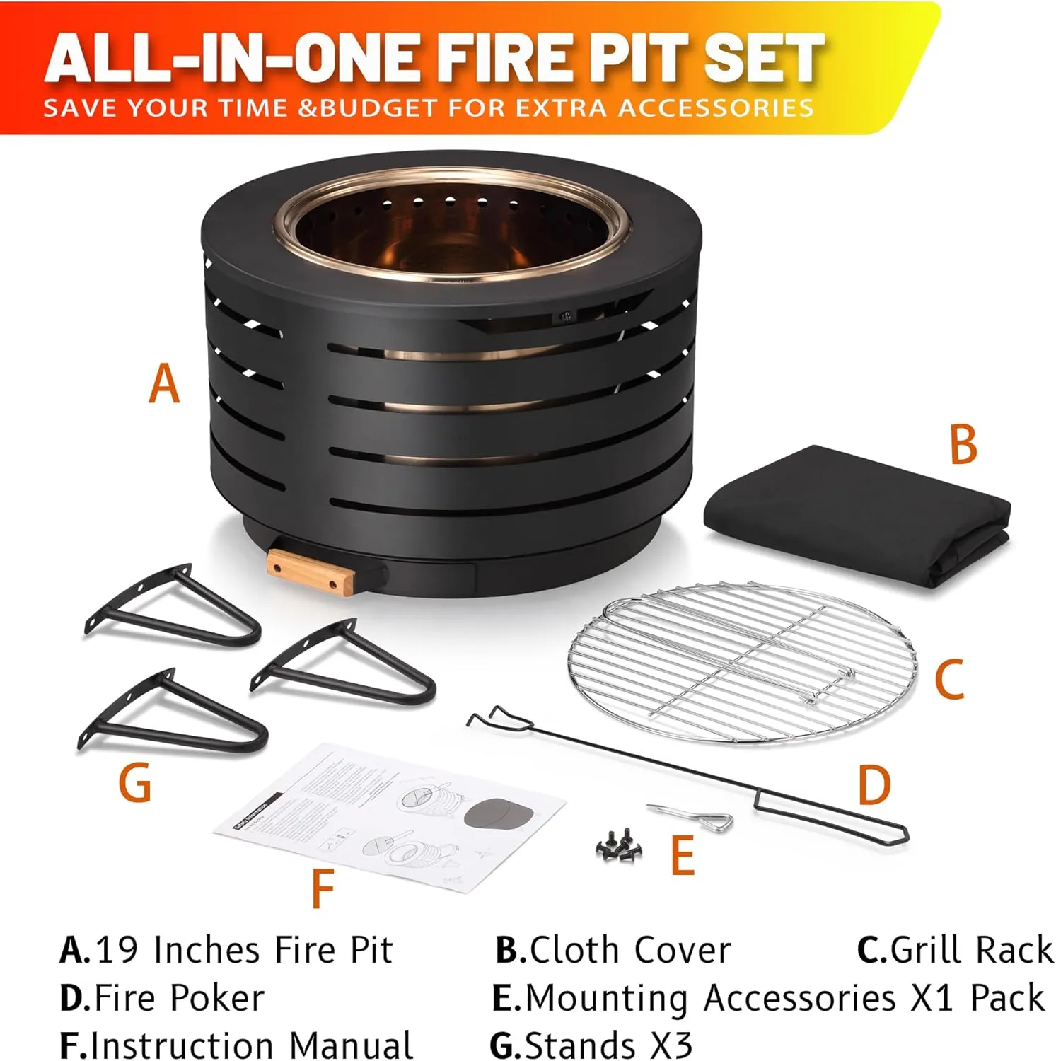 Low Smoke Fire Pit, 19 Inch Stainless Steel Portable Fire Pit for Wood Burning, Outdoor Fire Pit Perfect for Camping or Backyard, Includes Fire Poker, Stand, Cloth Cover and Grill Rack