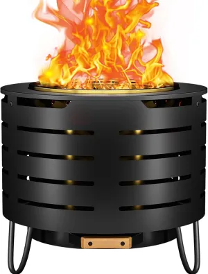 Low Smoke Fire Pit, 19 Inch Stainless Steel Portable Fire Pit for Wood Burning, Outdoor Fire Pit Perfect for Camping or Backyard, Includes Fire Poker, Stand, Cloth Cover and Grill Rack