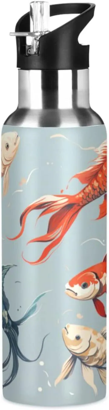Lucky Fish Art Sport Water Bottle Insulated Stainless Steel Large Vacuum Flask Leak Proof Thermos with Straw for Travel(600ml/1000ml)
