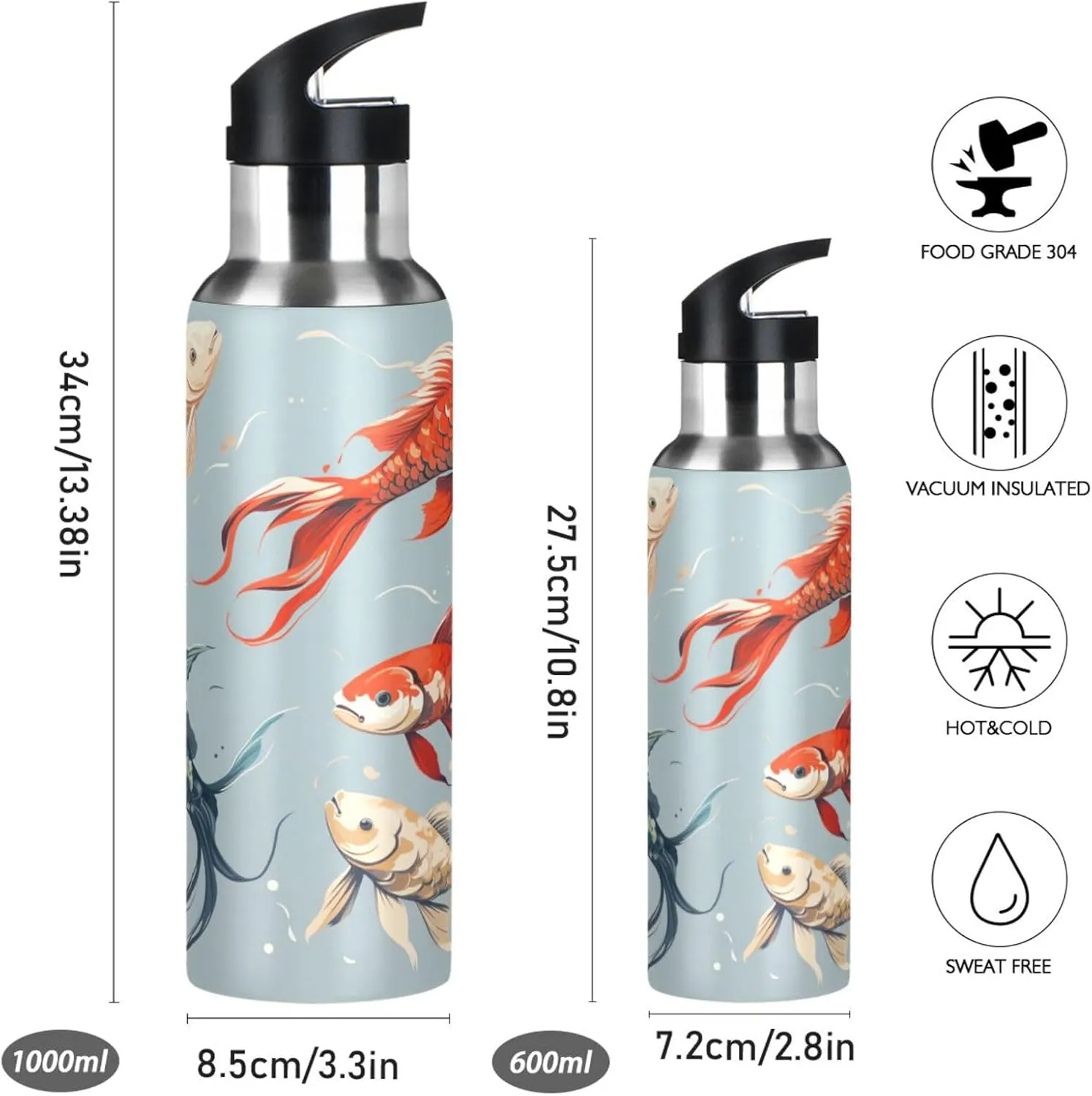 Lucky Fish Art Sport Water Bottle Insulated Stainless Steel Large Vacuum Flask Leak Proof Thermos with Straw for Travel(600ml/1000ml)