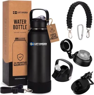 LUFT SWEDEN Stainless Steel Water Bottle – 40 oz Reusable Insulated Gym Bottle with Straw Lid | Leakproof, Dishwasher Safe, Double Wall Thermos for Cold Drinks – Matte Black
