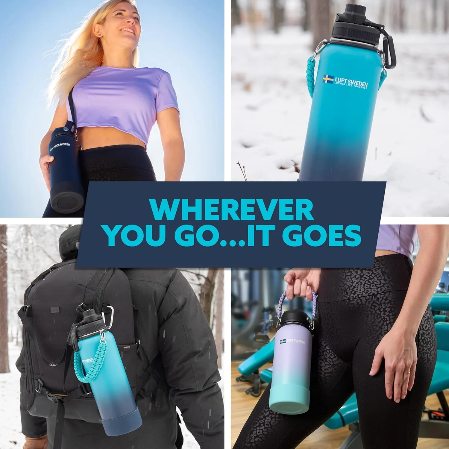 LUFT SWEDEN Stainless Steel Water Bottle – 40 oz Reusable Insulated Gym Bottle with Straw Lid | Leakproof, Dishwasher Safe, Double Wall Thermos for Cold Drinks – Matte Black