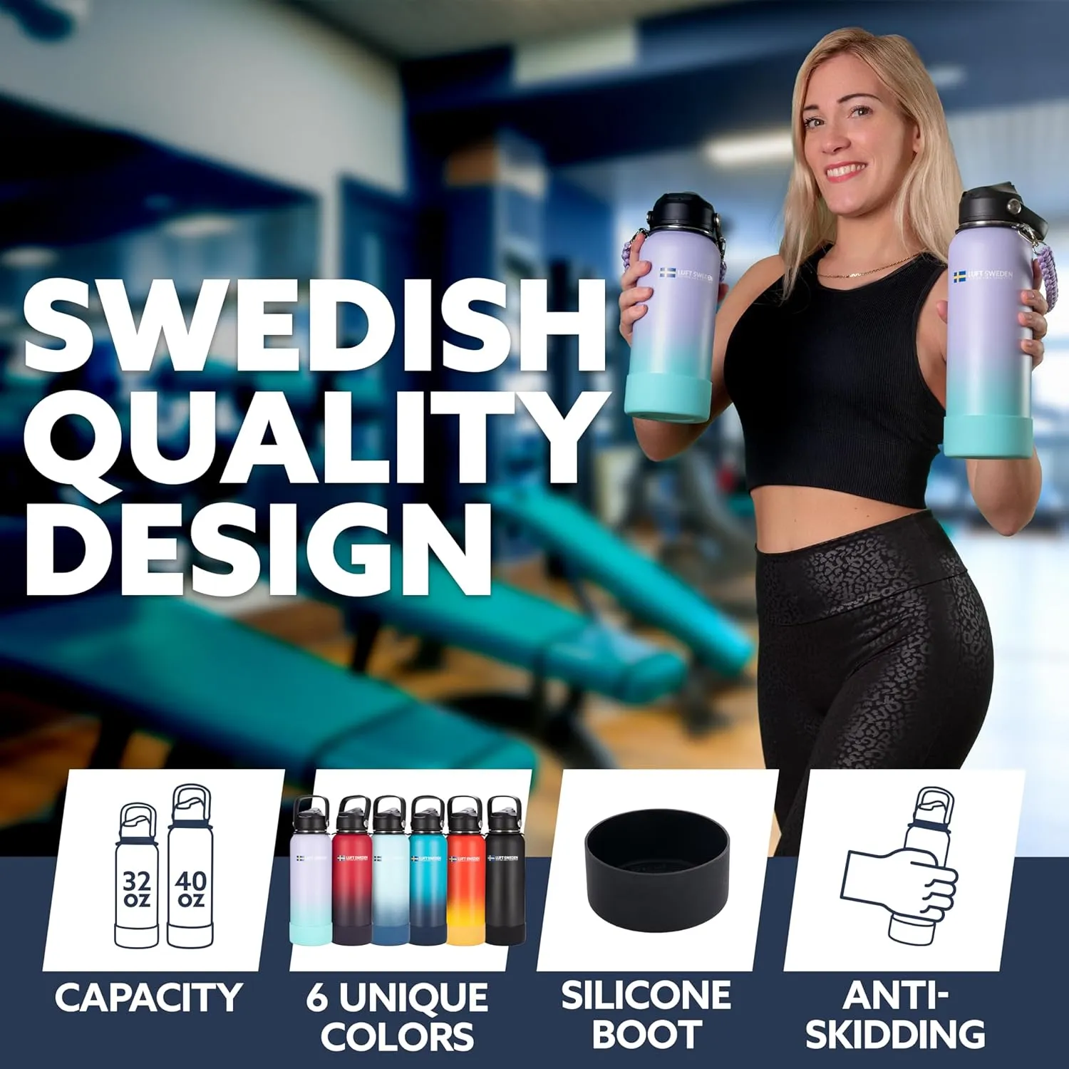 LUFT SWEDEN Stainless Steel Water Bottle – 40 oz Reusable Insulated Gym Bottle with Straw Lid | Leakproof, Dishwasher Safe, Double Wall Thermos for Cold Drinks – Matte Black