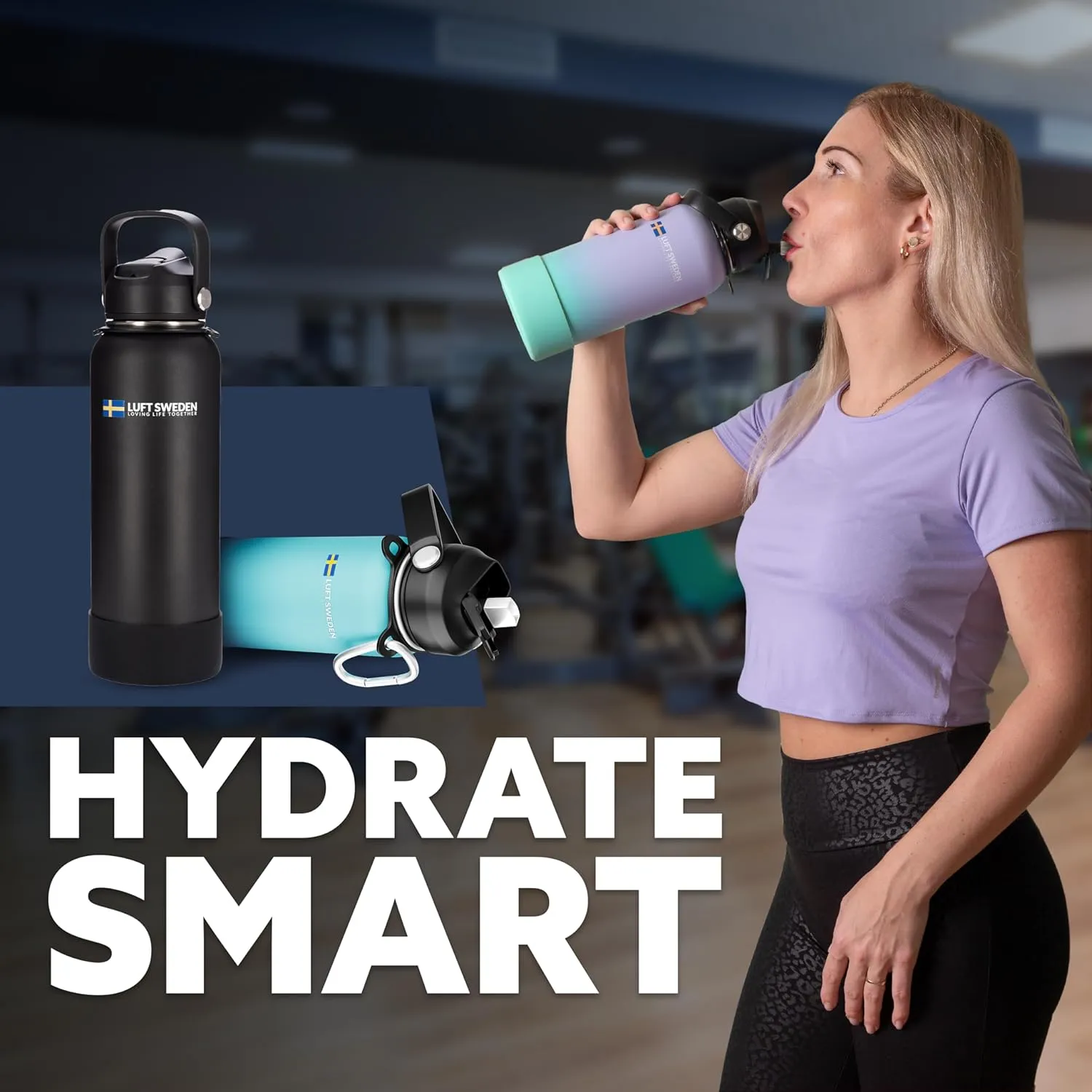 LUFT SWEDEN Stainless Steel Water Bottle – 40 oz Reusable Insulated Gym Bottle with Straw Lid | Leakproof, Dishwasher Safe, Double Wall Thermos for Cold Drinks – Matte Black