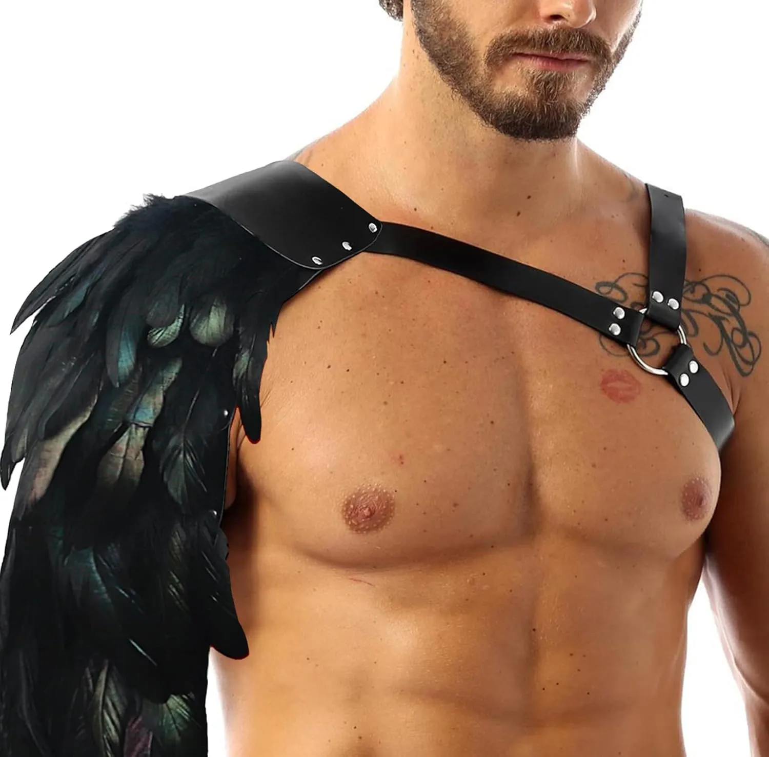 L'VOW Gothic Feather Shoulder Armor for Men Leather Harness Medieval Guards Halloween Cosplay Costume