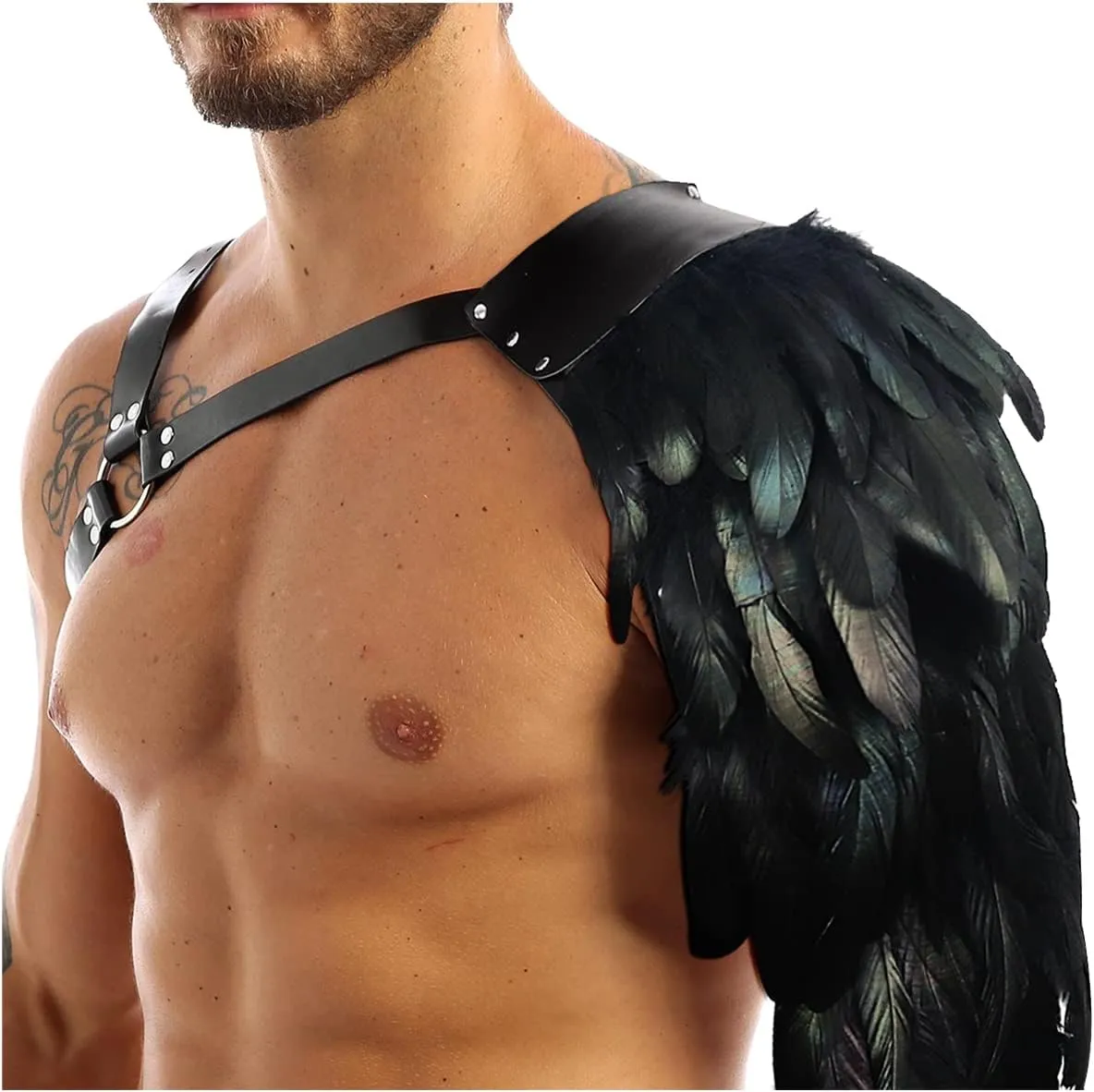 L'VOW Gothic Feather Shoulder Armor for Men Leather Harness Medieval Guards Halloween Cosplay Costume