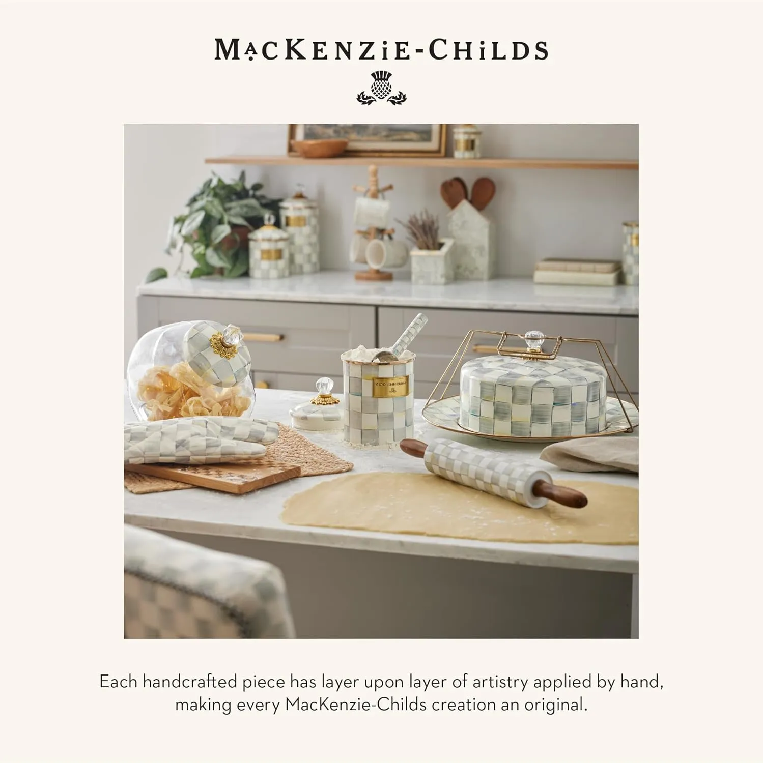 MACKENZIE-CHILDS Enamel Colander, Decorative Kitchen Strainer, Large, Gray-and-White Sterling Check