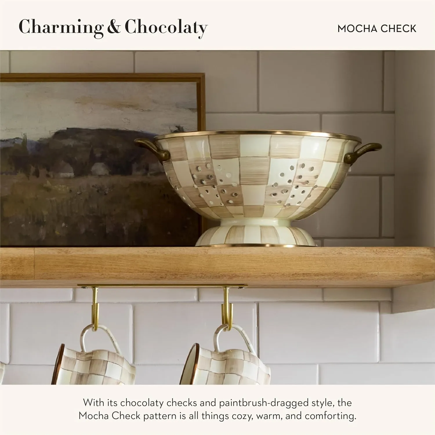MACKENZIE-CHILDS Enamel Colander, Decorative Kitchen Strainer, Small, Brown-and-White Mocha Check