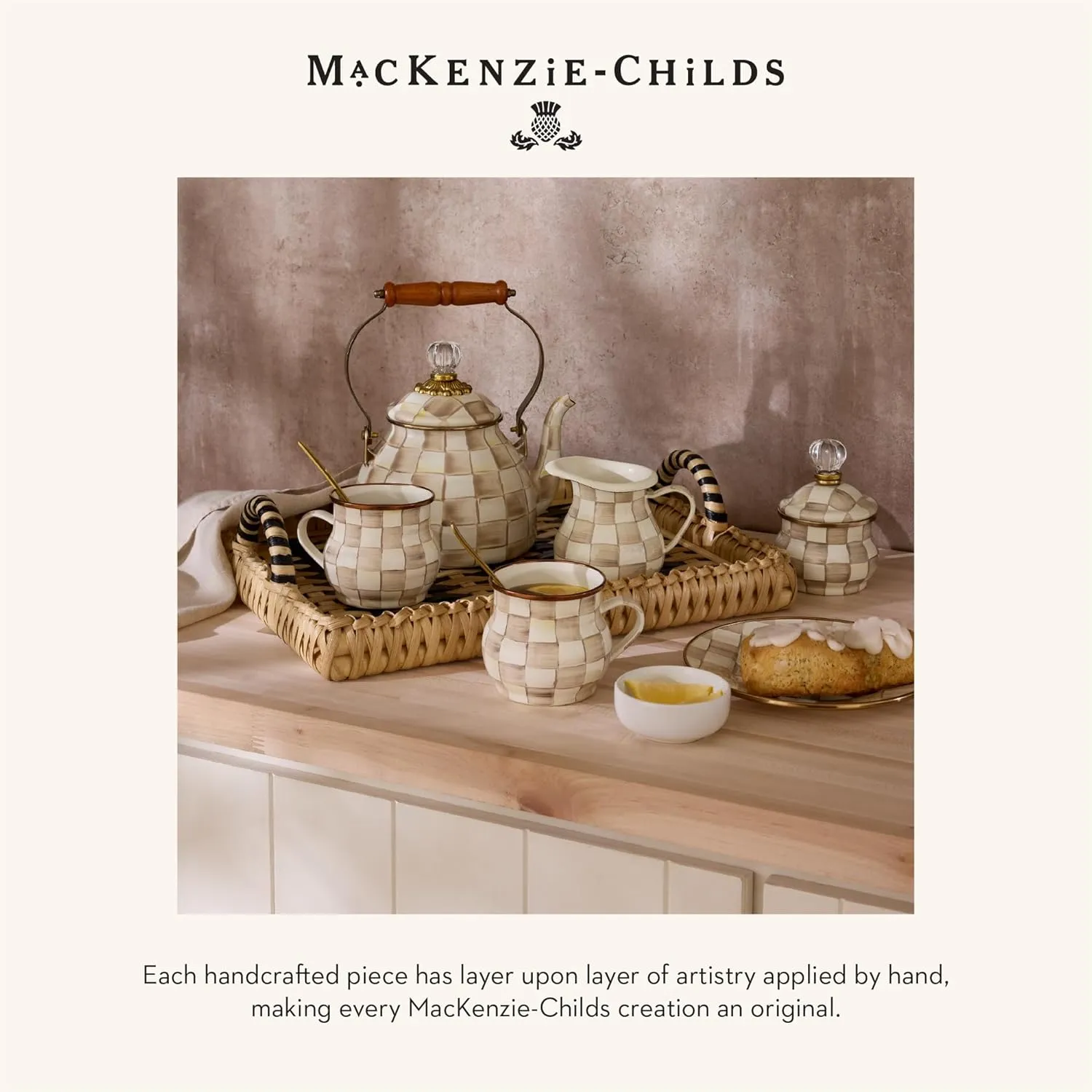 MACKENZIE-CHILDS Enamel Colander, Decorative Kitchen Strainer, Small, Brown-and-White Mocha Check
