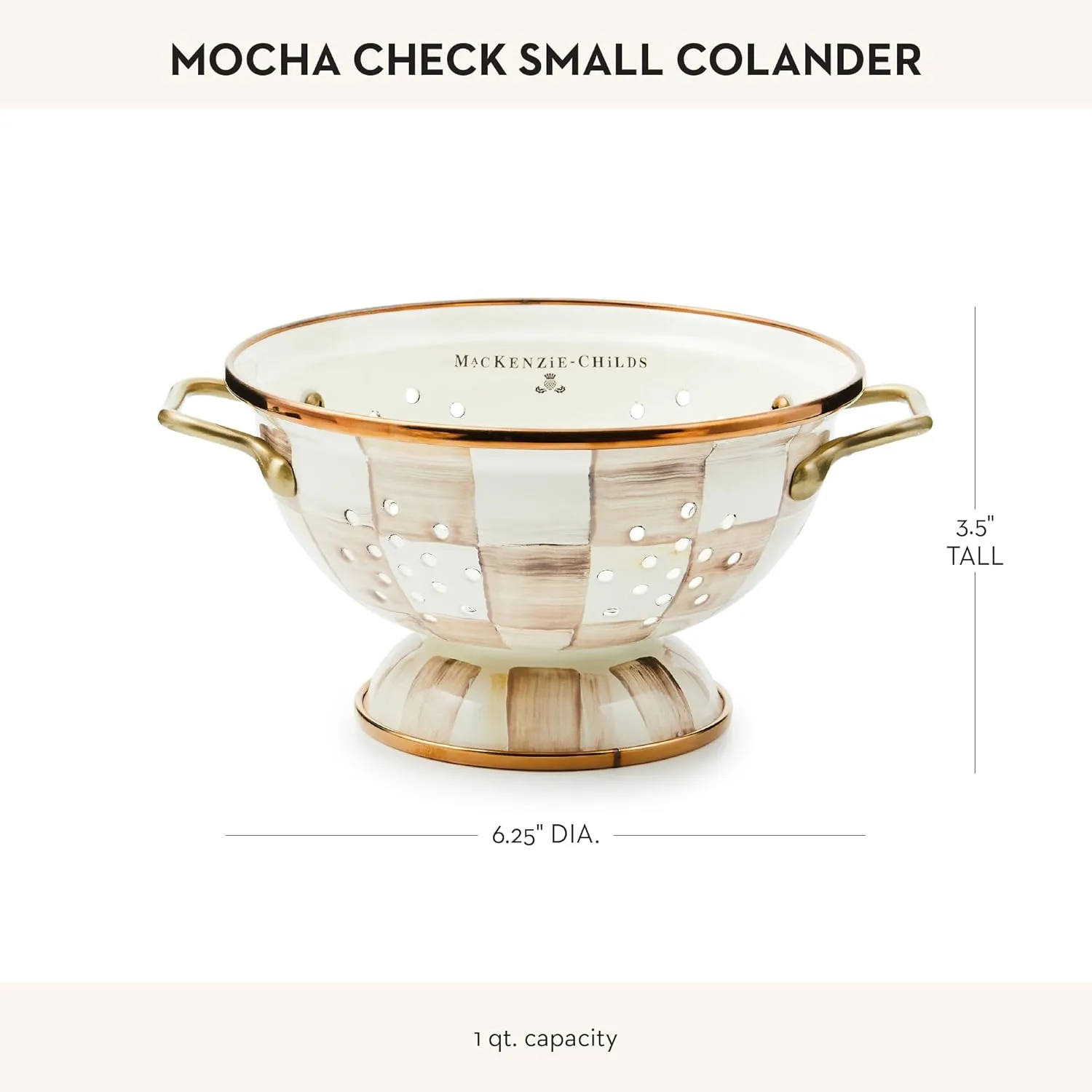 MACKENZIE-CHILDS Enamel Colander, Decorative Kitchen Strainer, Small, Brown-and-White Mocha Check