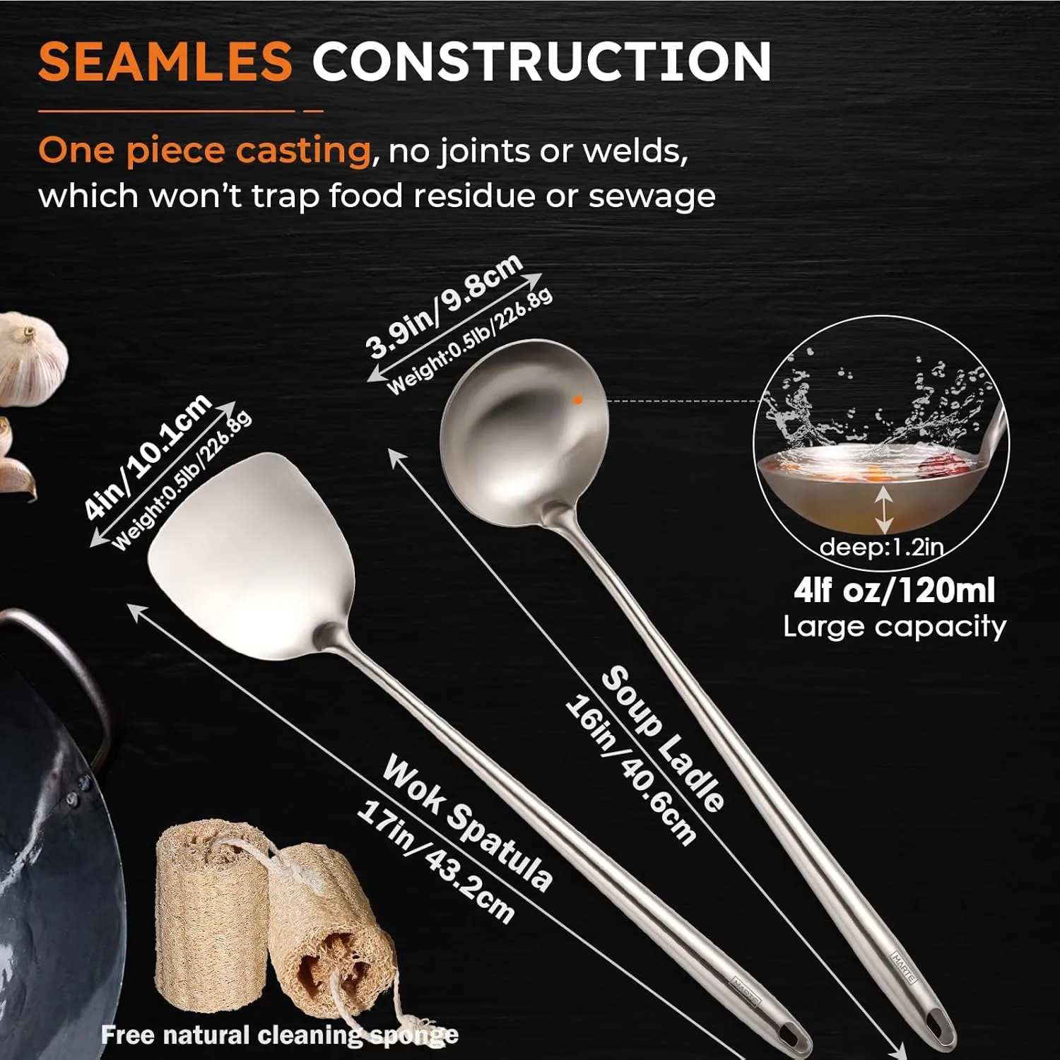 MARTE 17’’ Wok Spatula and Ladle Tools Set,Set of 2 Heat Resistant 304 Stainless Steel Wok Utensils for Cooking, Universal Wok Tools,Non-Slip Ergonomic Long Handle Wok Accessories for Kitchen