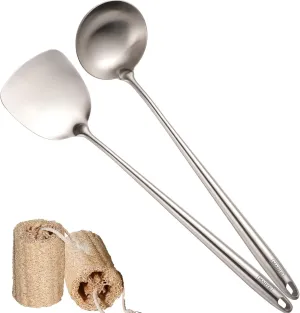 MARTE 17’’ Wok Spatula and Ladle Tools Set,Set of 2 Heat Resistant 304 Stainless Steel Wok Utensils for Cooking, Universal Wok Tools,Non-Slip Ergonomic Long Handle Wok Accessories for Kitchen