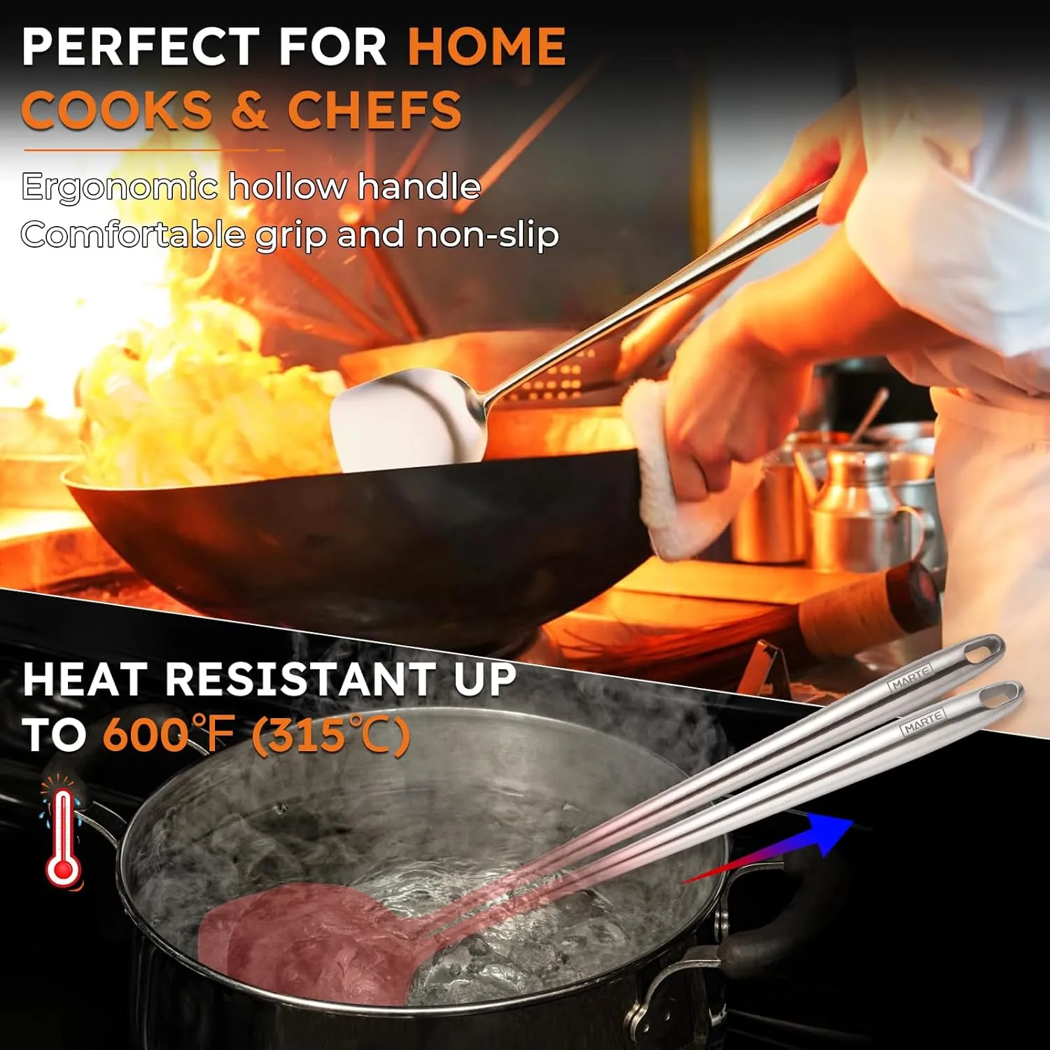 MARTE 17’’ Wok Spatula and Ladle Tools Set,Set of 2 Heat Resistant 304 Stainless Steel Wok Utensils for Cooking, Universal Wok Tools,Non-Slip Ergonomic Long Handle Wok Accessories for Kitchen