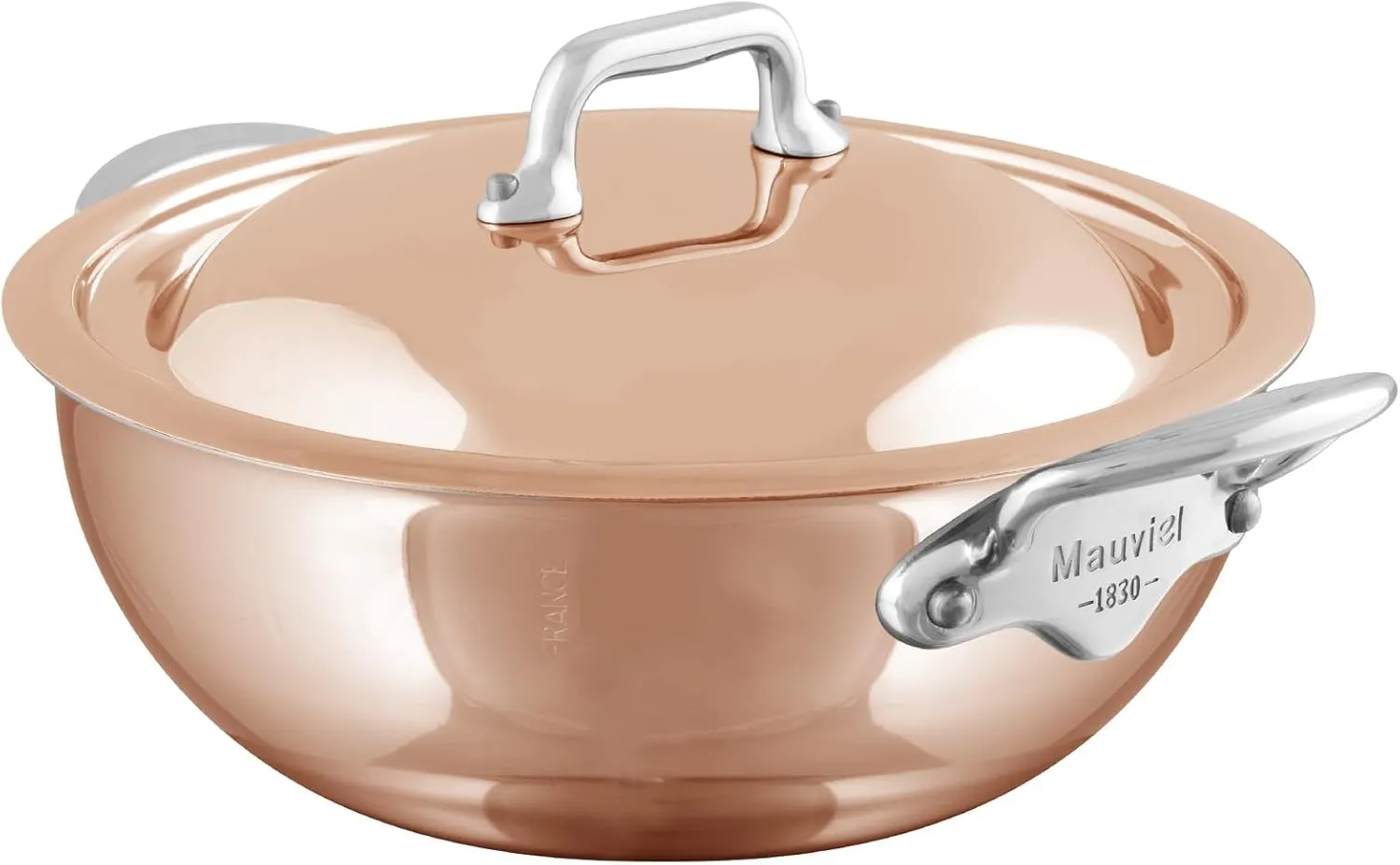 Mauviel M’6S 6-Ply Polished Copper & Stainless Steel Chef Pan With Lid And Cast Stainless Steel Handle, 2.1-qt, Made In France