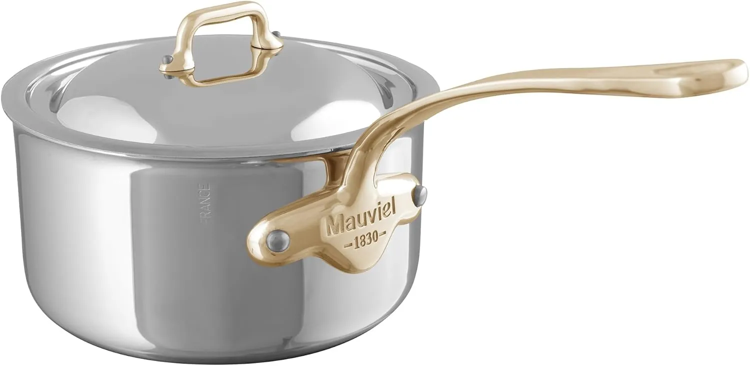 Mauviel M'Cook B 5-Ply Polished Stainless Steel Sauce Pan With Lid, And Brass Handle, 2.6-qt, Made In France