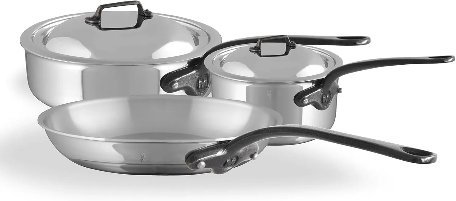 Mauviel M'Cook CI 5-Ply Polished Stainless Steel 5-Piece Cookware Set, And Cast Iron Handles, Made In France