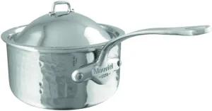 Mauviel M'Elite 5-Ply Hammered Polished Stainless Steel Sauce Pan With Dome Lid, And Cast Stainless Steel Handles, 1.8-qt, Made in France