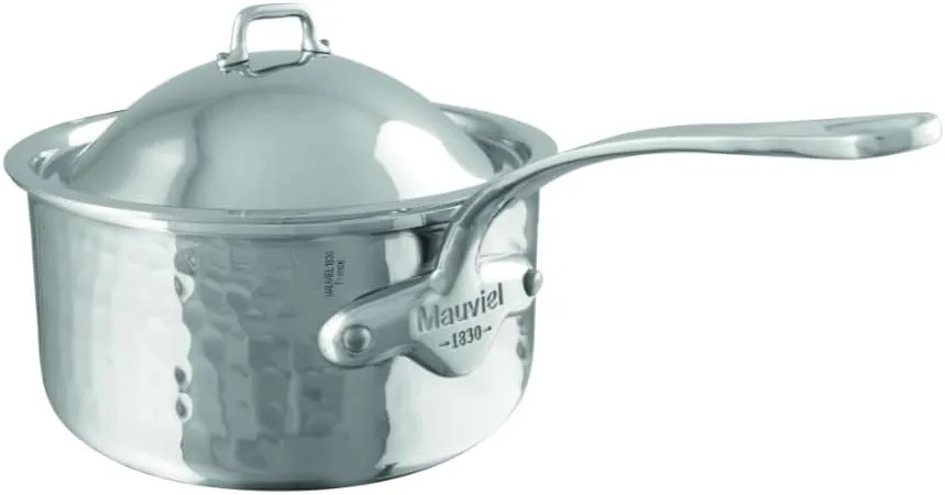 Mauviel M'Elite 5-Ply Hammered Polished Stainless Steel Sauce Pan With Dome Lid, And Cast Stainless Steel Handles, 1.8-qt, Made in France
