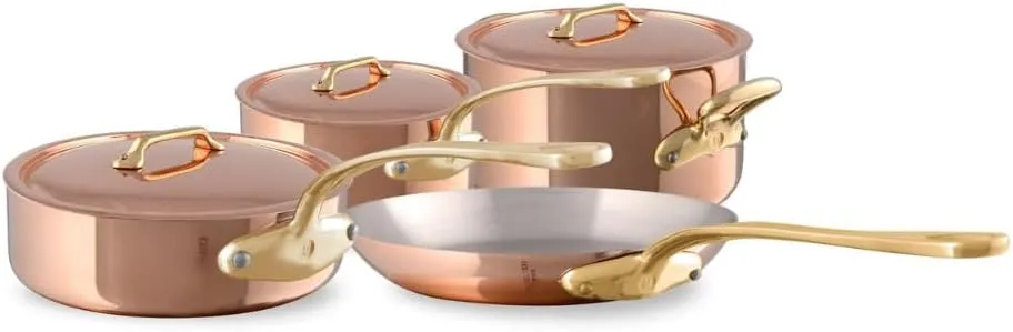 Mauviel M'Heritage 200 B 2mm Polished Copper & Stainless Steel 7-Piece Cookware Set With Brass Handles, Made In France