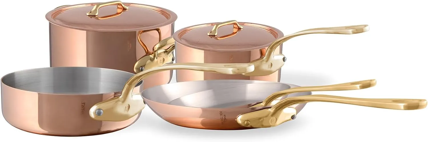 Mauviel M'Heritage 200 B 2mm Polished Copper & Stainless Steel 8-Piece Cookware Set With Brass Handles, Made In France