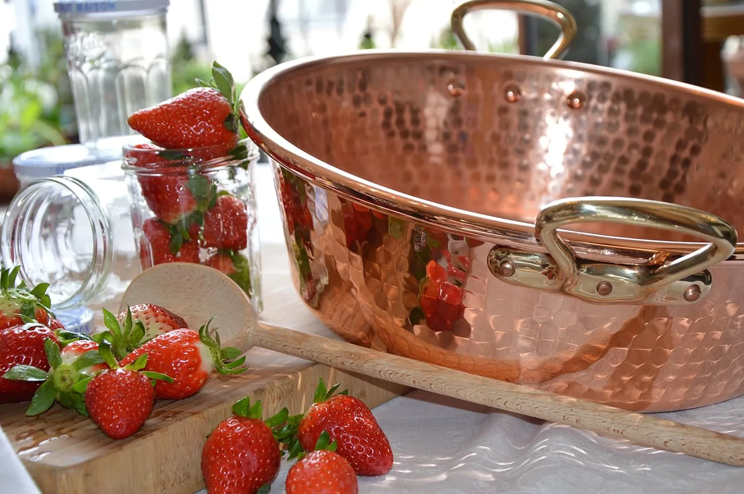 Mauviel M'Passion 1.2mm Hammered Copper Jam Pan With Brass Handles, 9.4-qt, Made In France