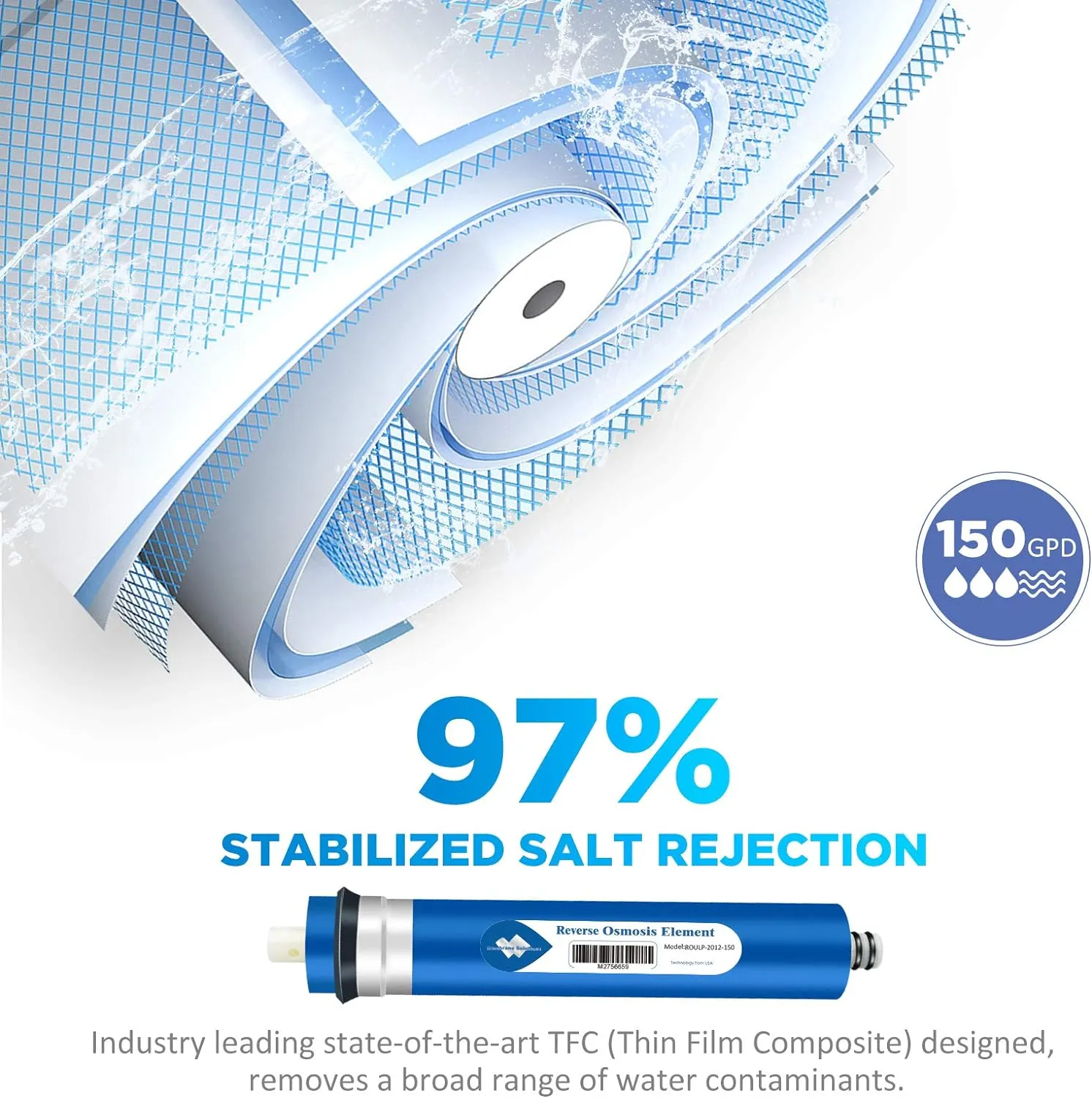 Membrane Solutions 150 GPD RO Membrane, Reverse Osmosis Membrane Element 12" x 2" Water Filter Replacement for Undersink Home Drinking RO Water Filtration System