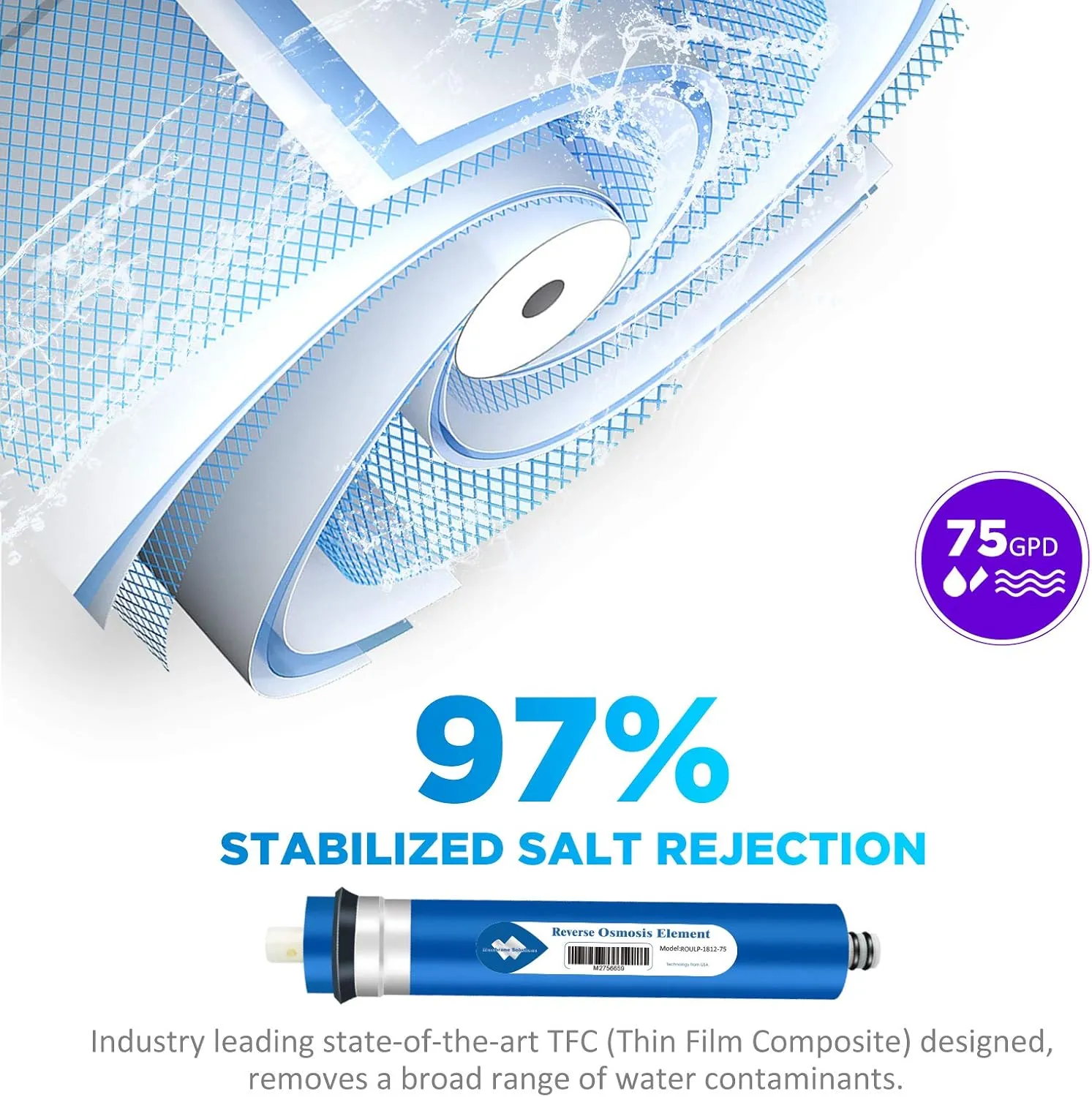 Membrane Solutions 75 GPD RO Membrane, Reverse Osmosis Membrane Element 11.75" x 1.75" Water Filter Replacement for Undersink Home Drinking RO Water Filtration System