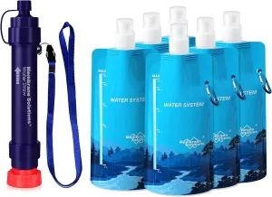 Membrane Solutions WS02 Detachable Water Filter Straw (Pack of 1) with 23oz Collapsible Squeezable Water Pouch(Set of 6)