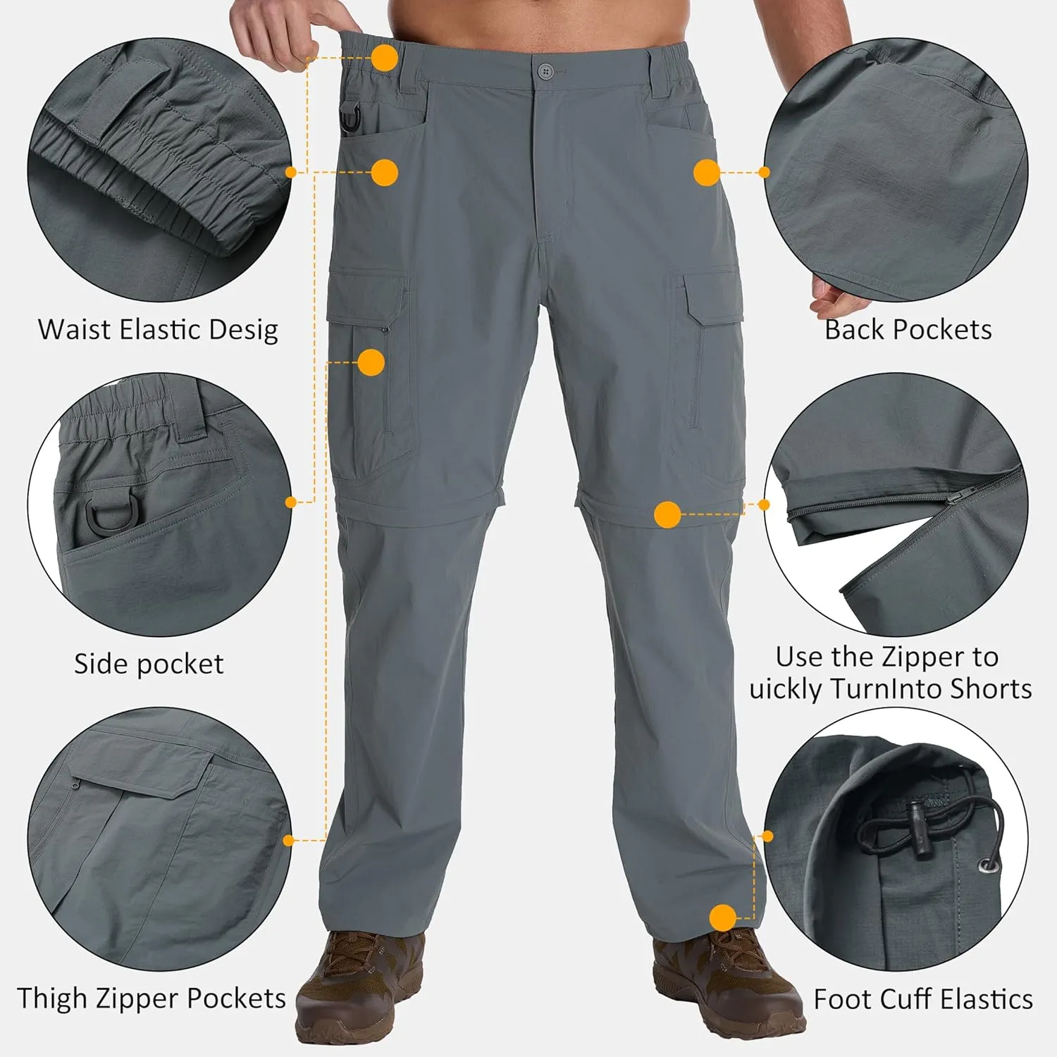Mens Hiking Pants Convertible Lightweight Quick Dry Zip Off Waterproof Outdoor Travel Fishing Hunting Pants