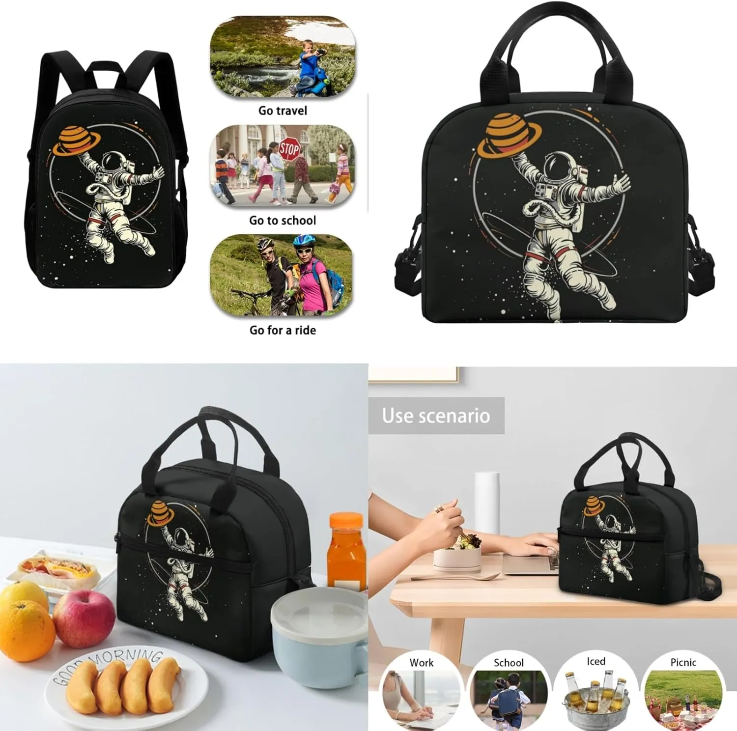 Merkmak Astronaut Boys Backpack with Lunch Box Set for Elementary Kids Jupiter School Bag,Black Bookbag for Age 3-11 Years Children Daypack with Water Bottle 3 Pcs Sets for Daily