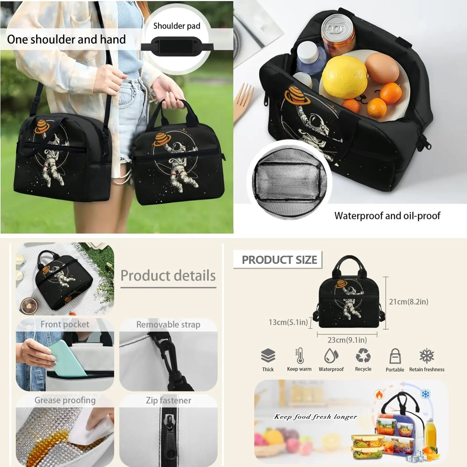 Merkmak Astronaut Boys Backpack with Lunch Box Set for Elementary Kids Jupiter School Bag,Black Bookbag for Age 3-11 Years Children Daypack with Water Bottle 3 Pcs Sets for Daily