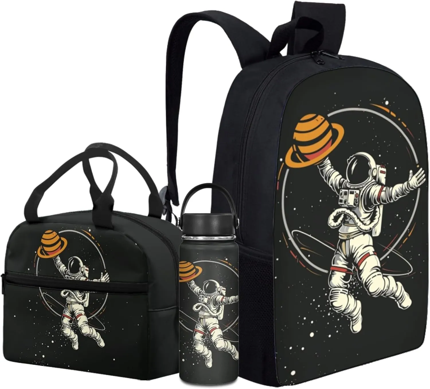 Merkmak Astronaut Boys Backpack with Lunch Box Set for Elementary Kids Jupiter School Bag,Black Bookbag for Age 3-11 Years Children Daypack with Water Bottle 3 Pcs Sets for Daily