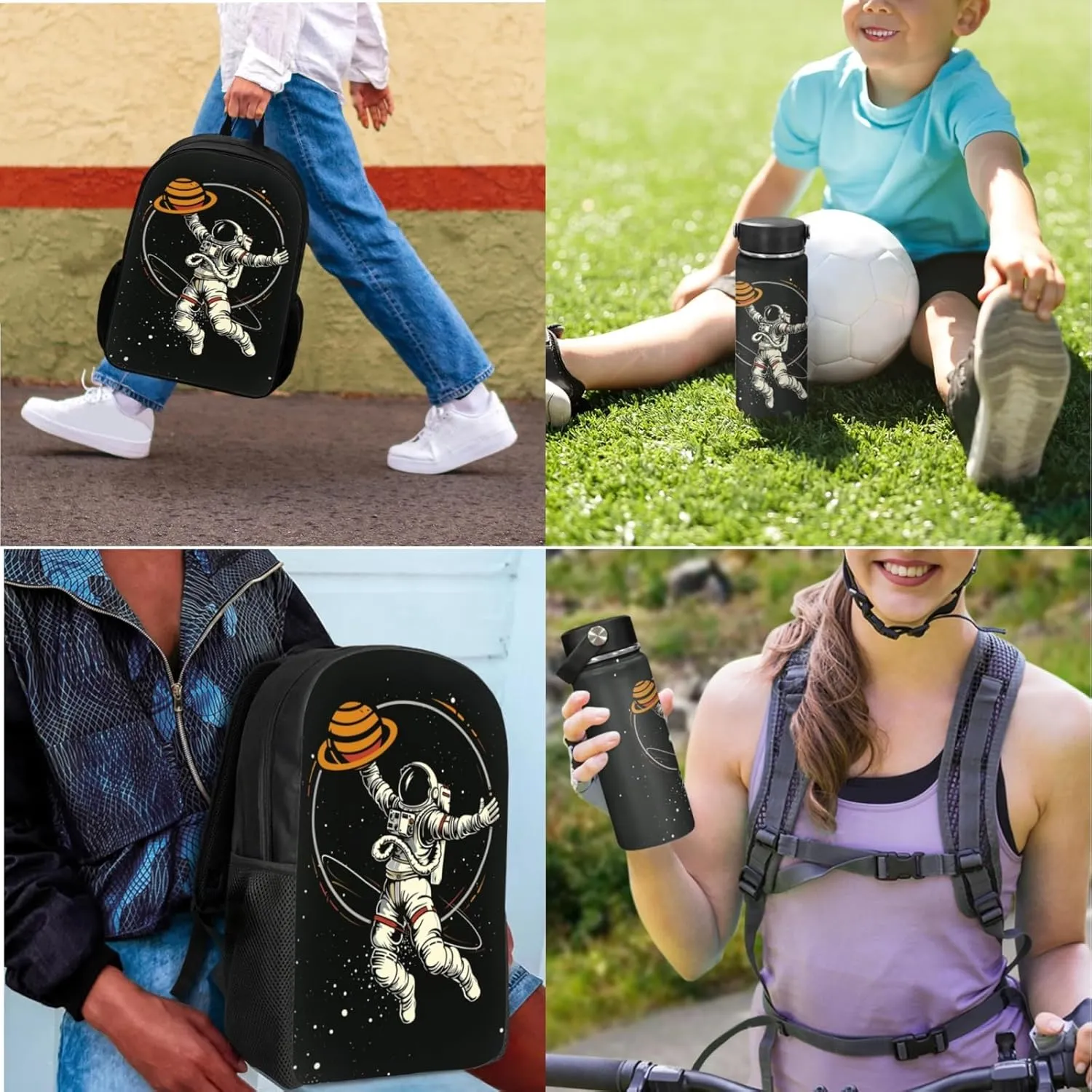 Merkmak Astronaut Boys Backpack with Lunch Box Set for Elementary Kids Jupiter School Bag,Black Bookbag for Age 3-11 Years Children Daypack with Water Bottle 3 Pcs Sets for Daily