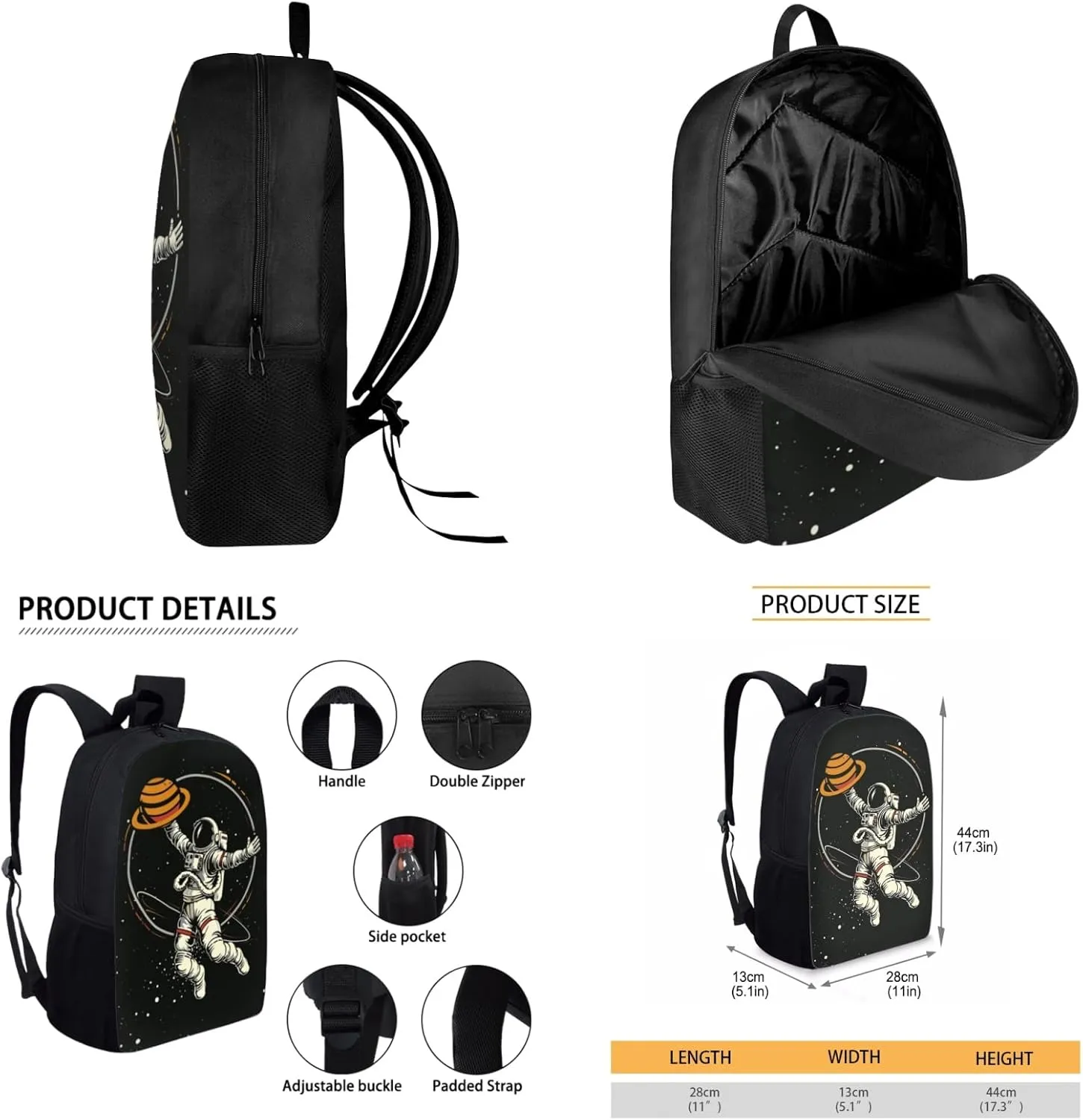 Merkmak Astronaut Boys Backpack with Lunch Box Set for Elementary Kids Jupiter School Bag,Black Bookbag for Age 3-11 Years Children Daypack with Water Bottle 3 Pcs Sets for Daily
