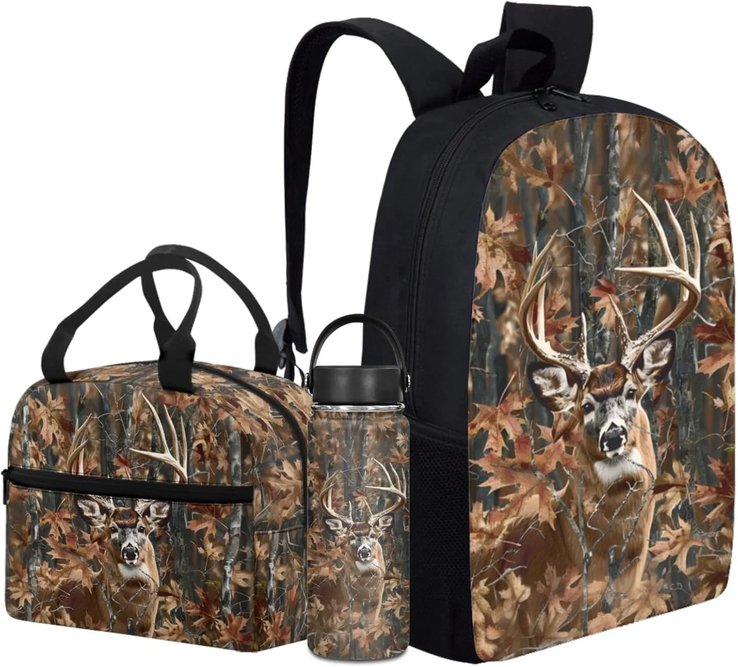 Merkmak Deer Kids Backpack Set for Boy 17 Inch School Bag,Forest Camo Bookbag for 3-5 Years Children Book Bags with Lunch Box Water Bottle 3 Pcs Sets for Child Cool Daypack
